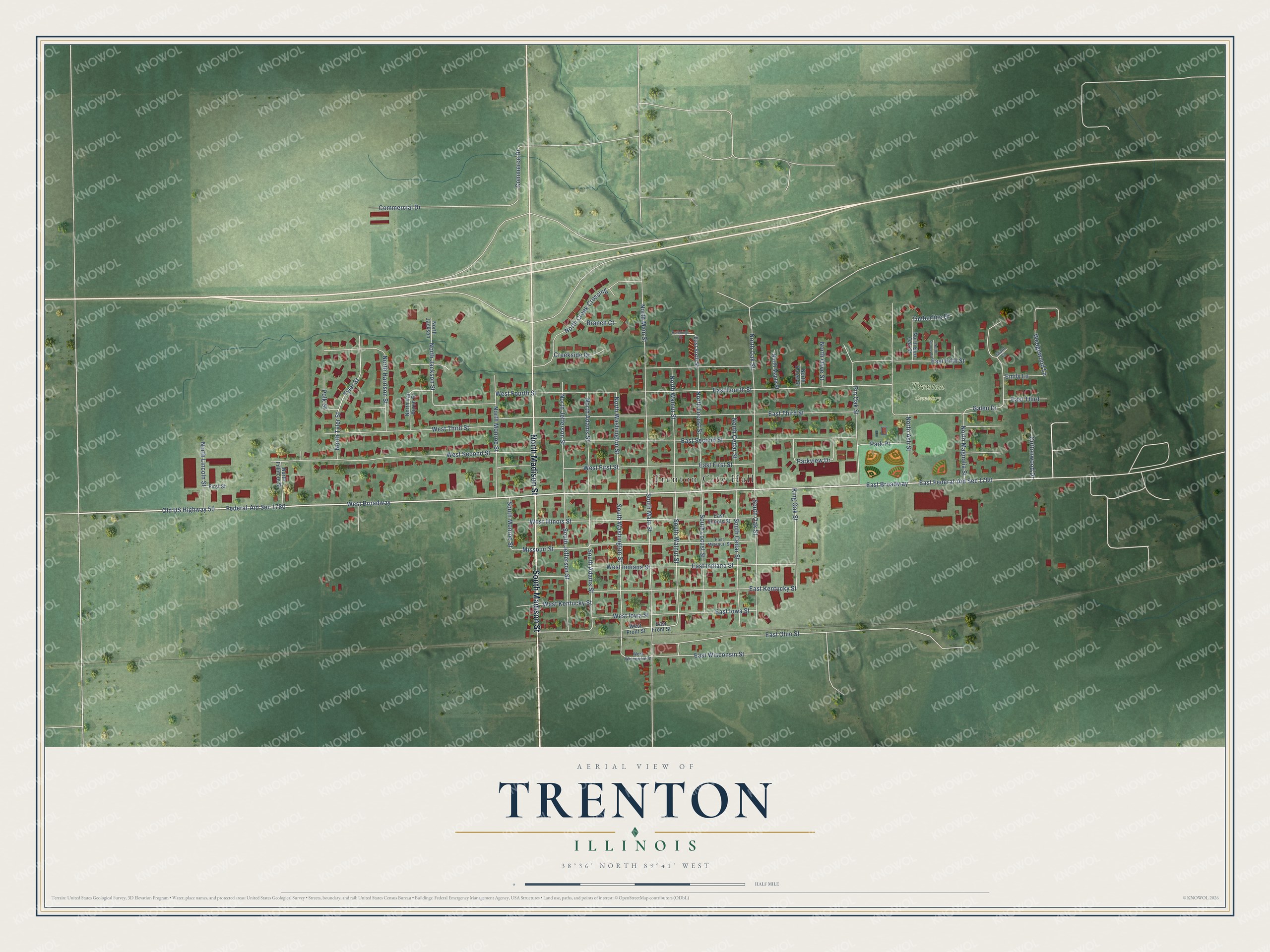 Full map of Trenton, Illinois, with red buildings, printed street names and the land around them