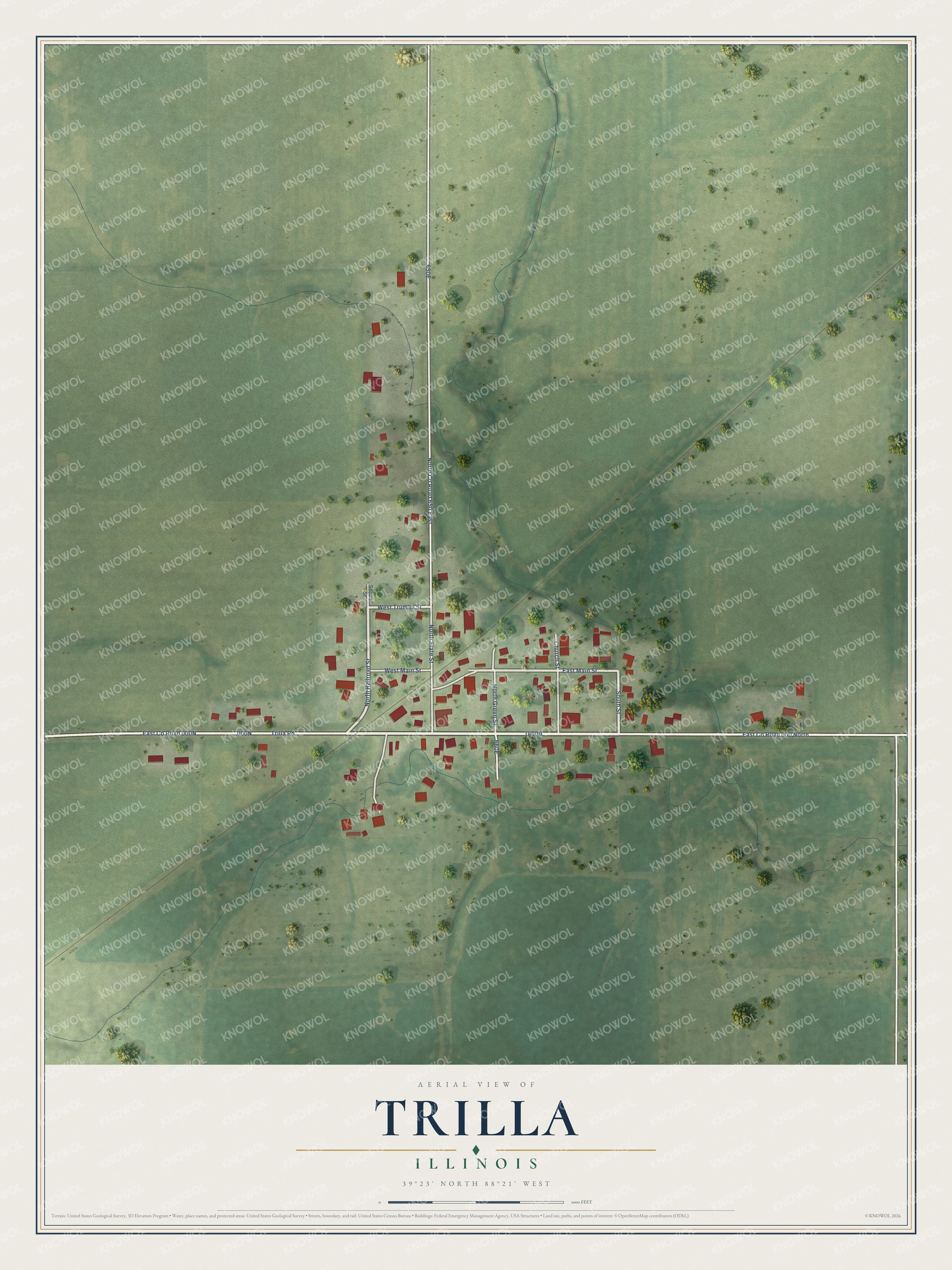 Full map of Trilla, Illinois, with red buildings, printed street names and the land around them