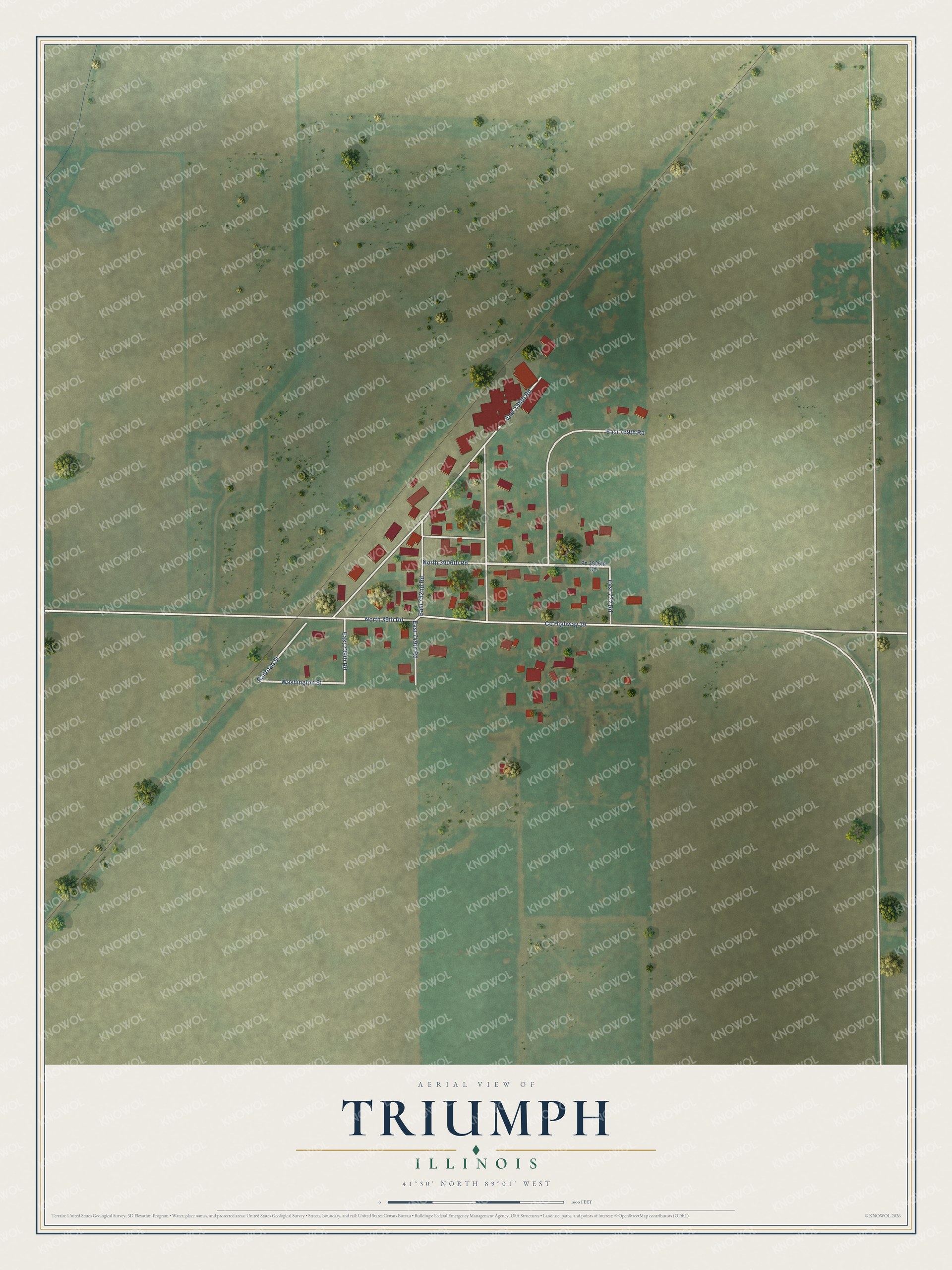 Full map of Triumph, Illinois, with red buildings, printed street names and the land around them