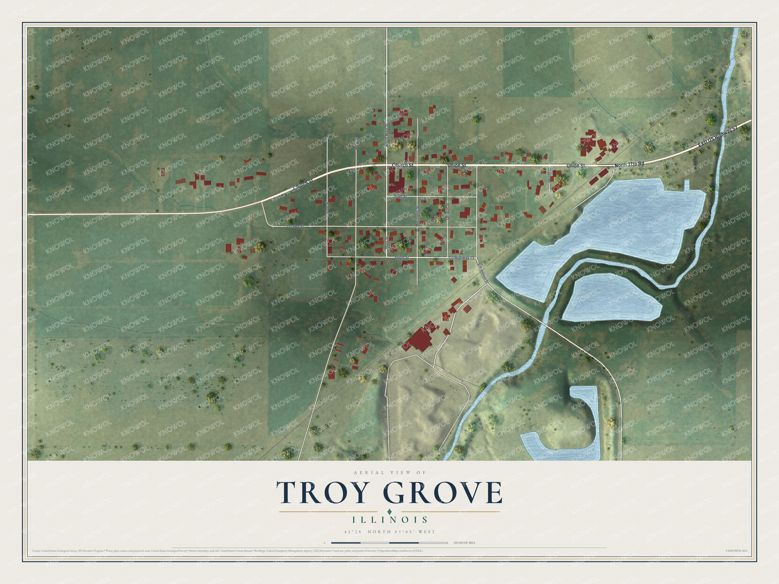 Full map of Troy Grove, Illinois, with red buildings, printed street names and the land around them