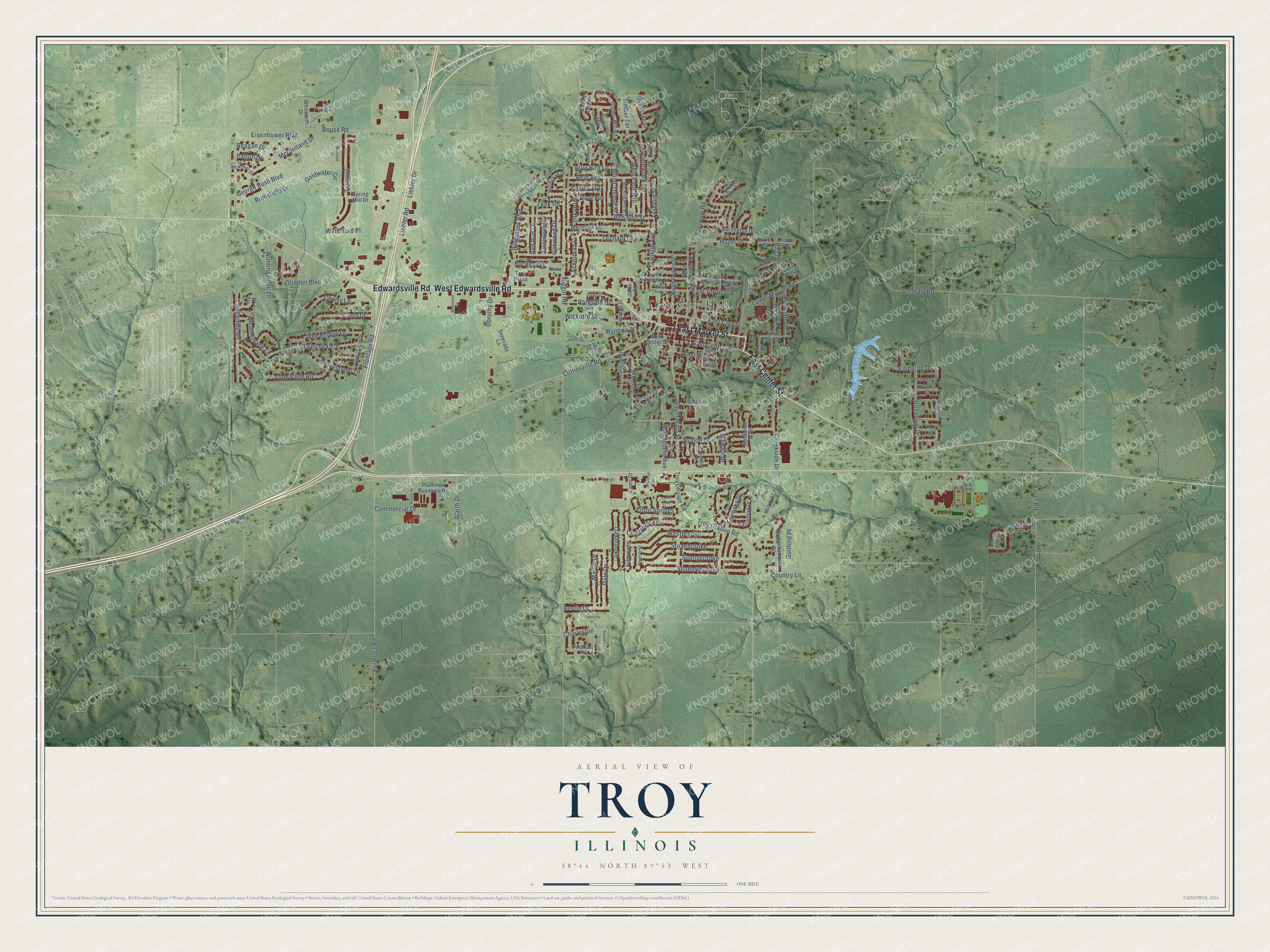 Full map of Troy, Illinois, with red buildings, printed street names and the land around them