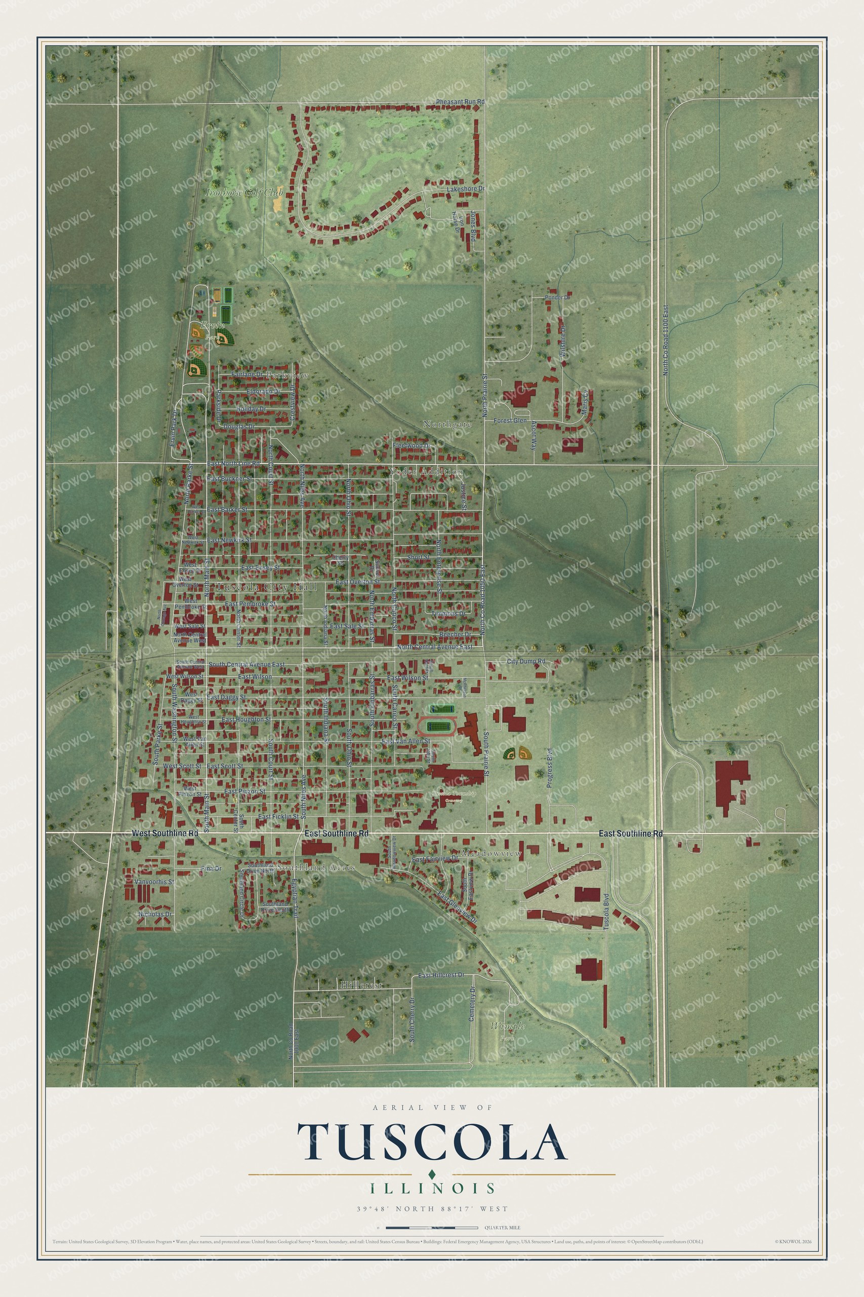 Full map of Tuscola, Illinois, with red buildings, printed street names and the land around them