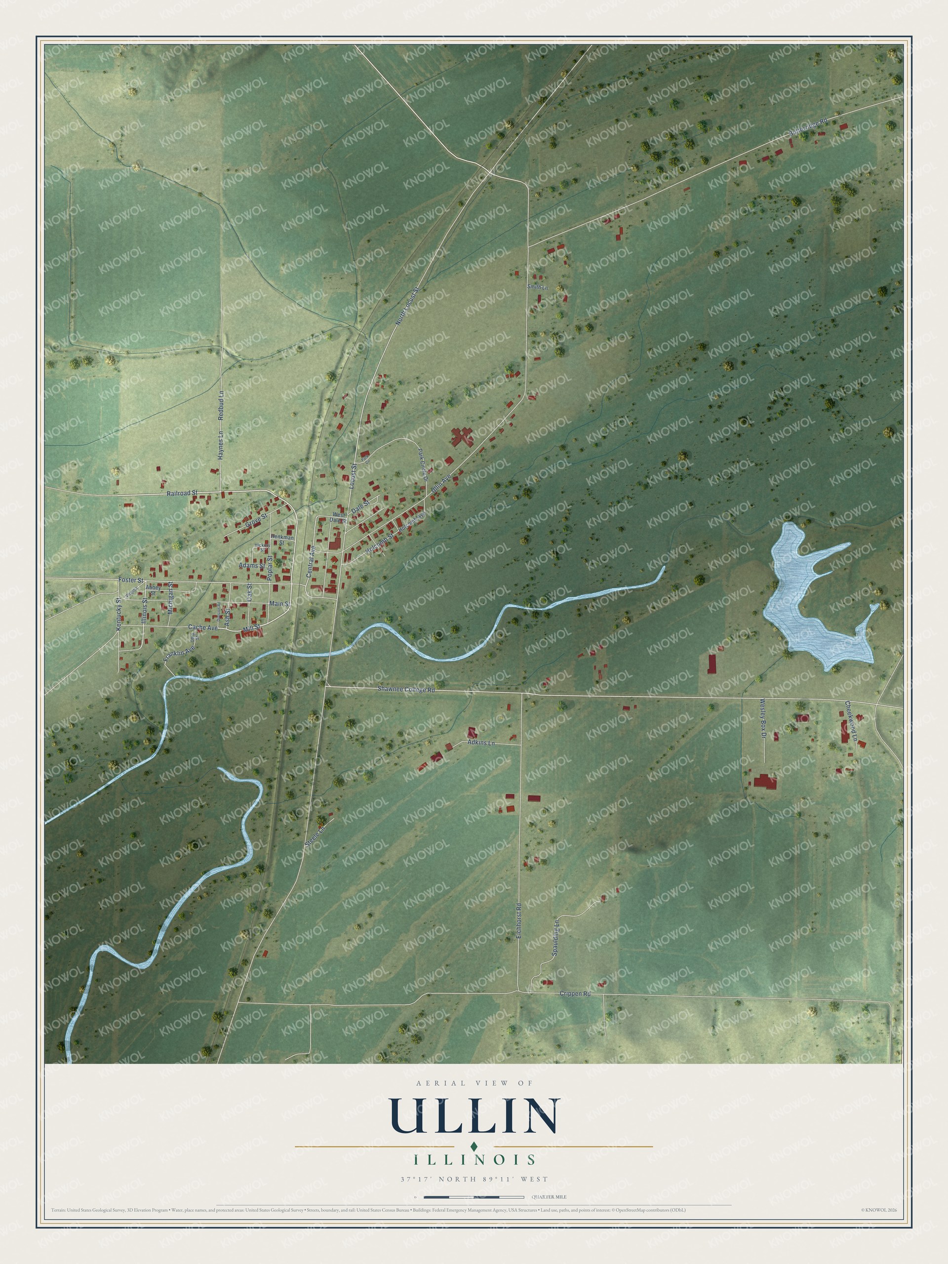 Full map of Ullin, Illinois, with red buildings, printed street names and the land around them