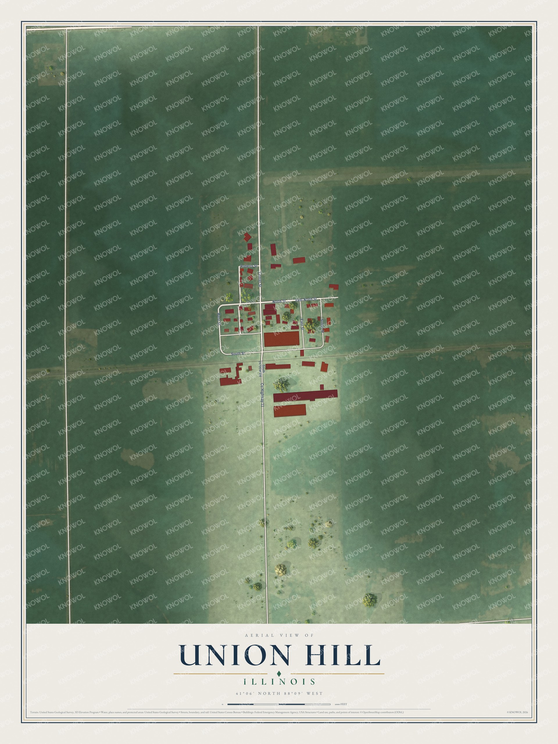 Full map of Union Hill, Illinois, with red buildings, printed street names and the land around them