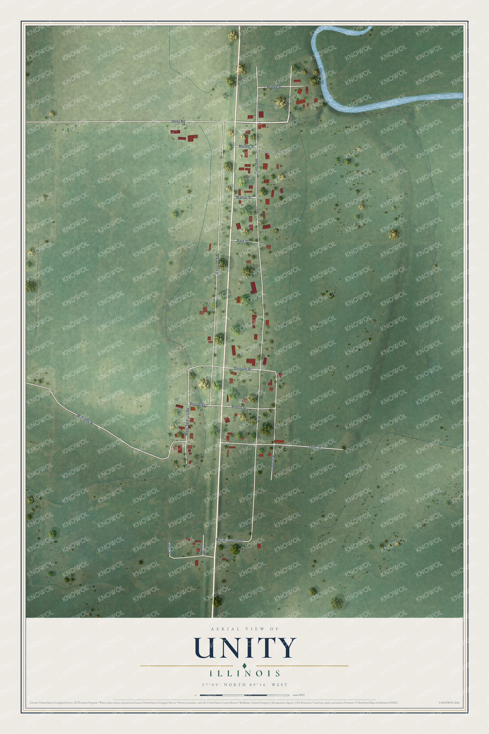 Full map of Unity, Illinois, with red buildings, printed street names and the land around them