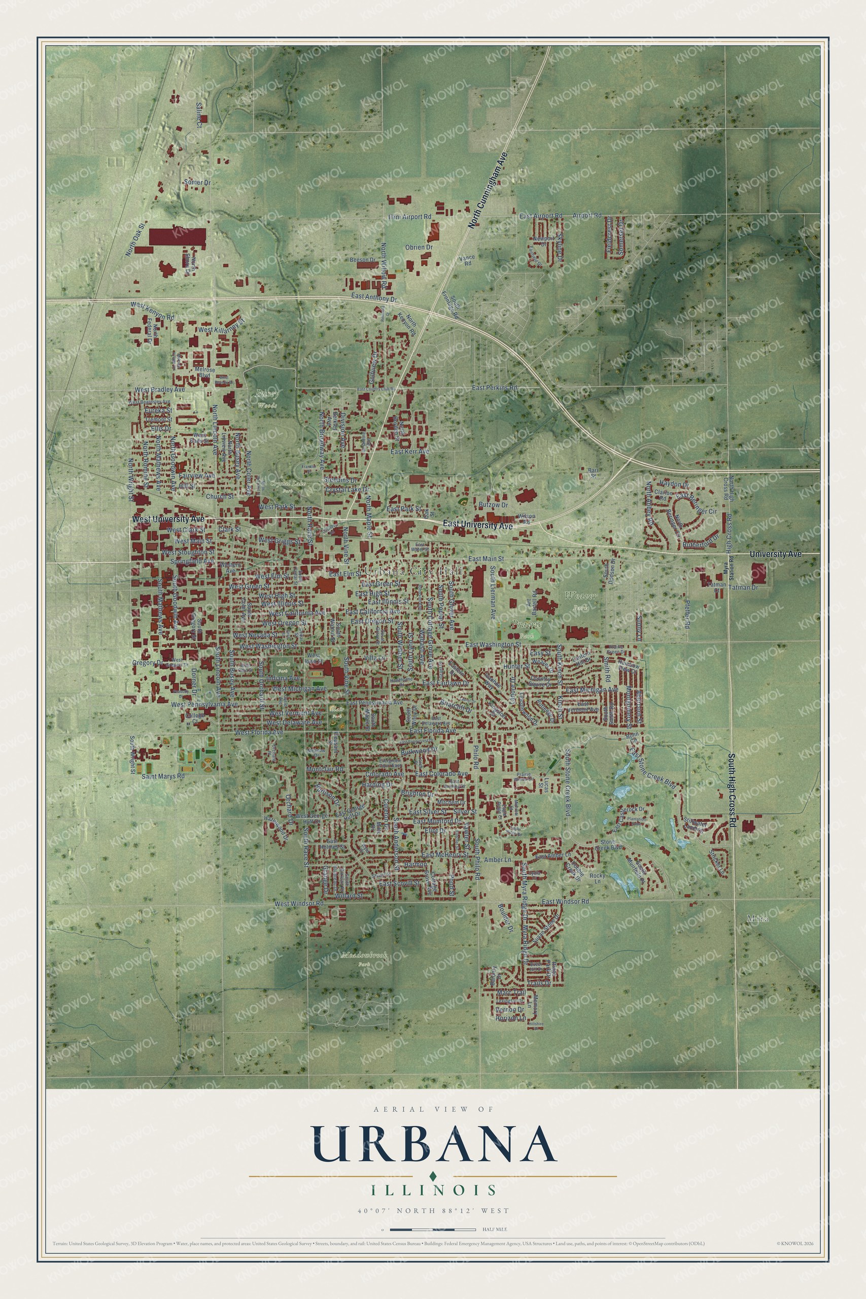 Full map of Urbana, Illinois, with red buildings, printed street names and the land around them