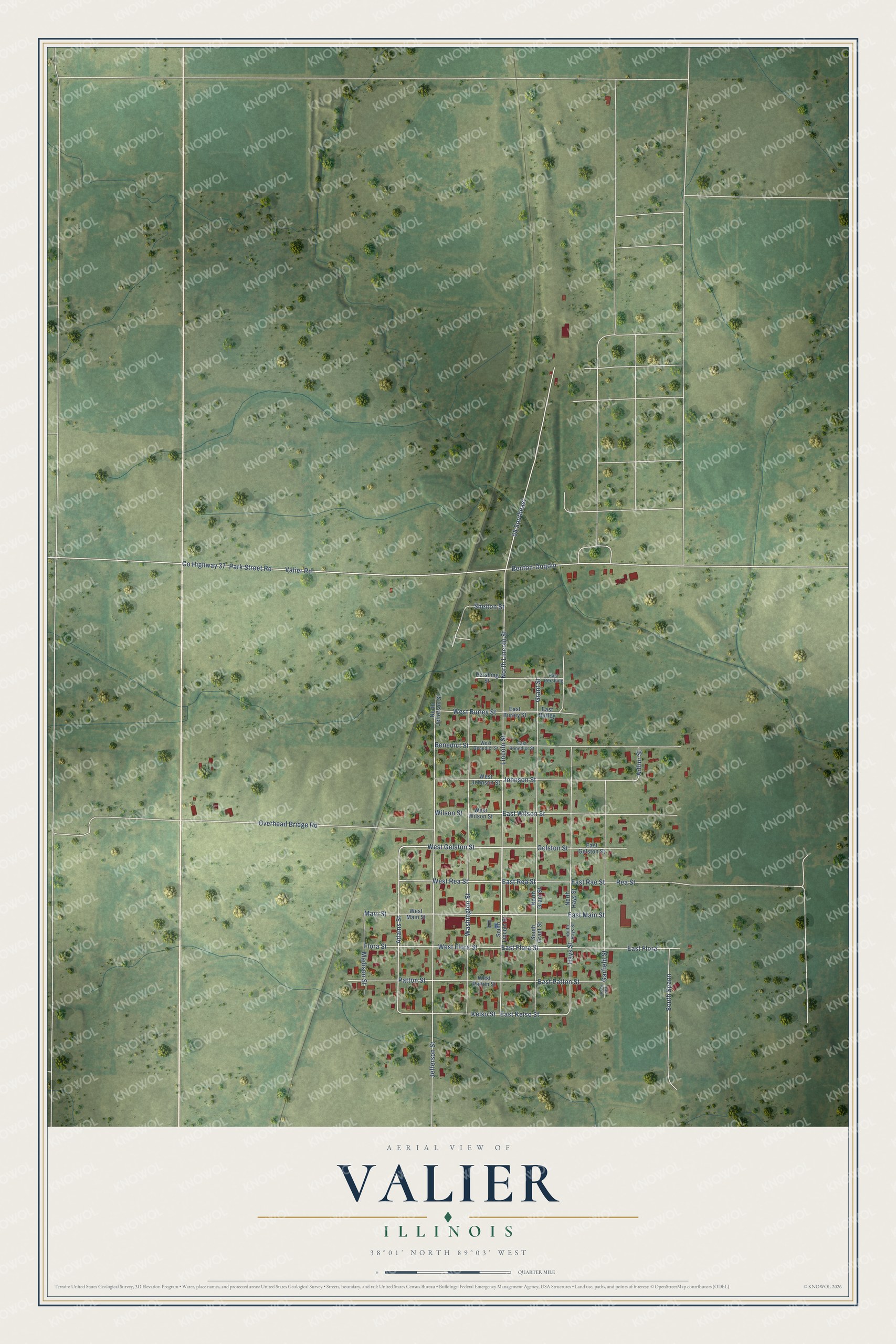 Full map of Valier, Illinois, with red buildings, printed street names and the land around them