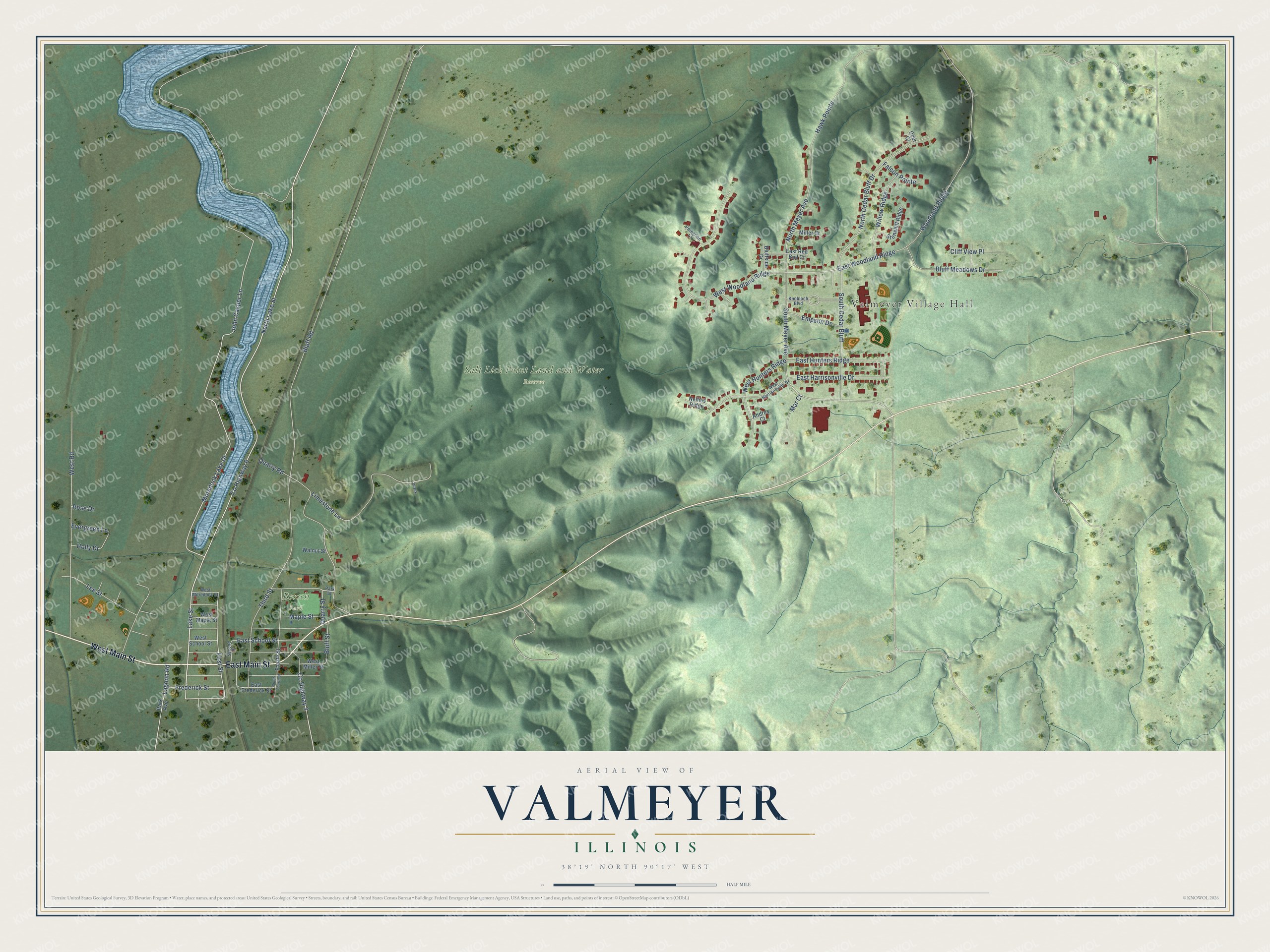 Full map of Valmeyer, Illinois, with red buildings, printed street names and the land around them