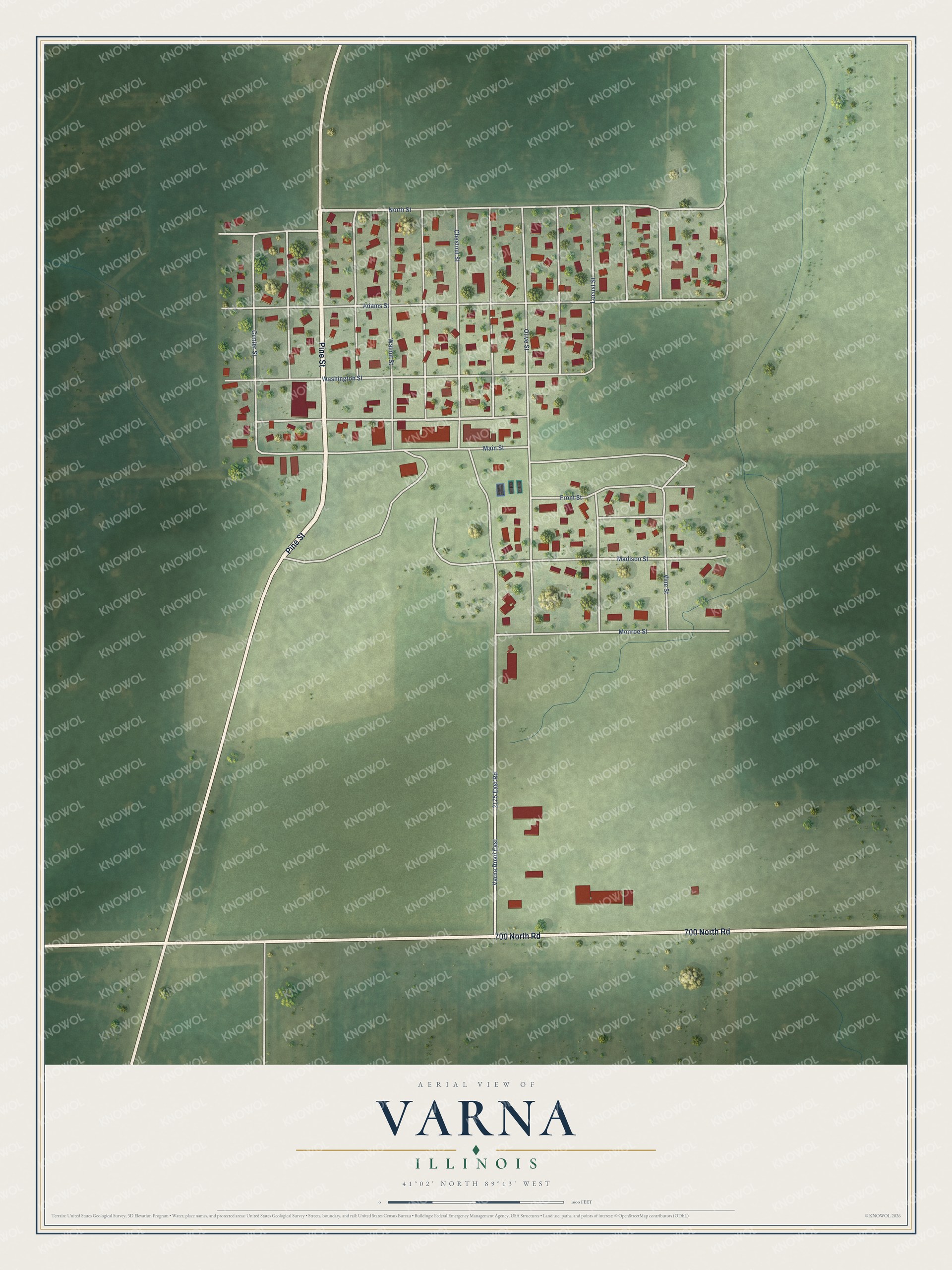Full map of Varna, Illinois, with red buildings, printed street names and the land around them