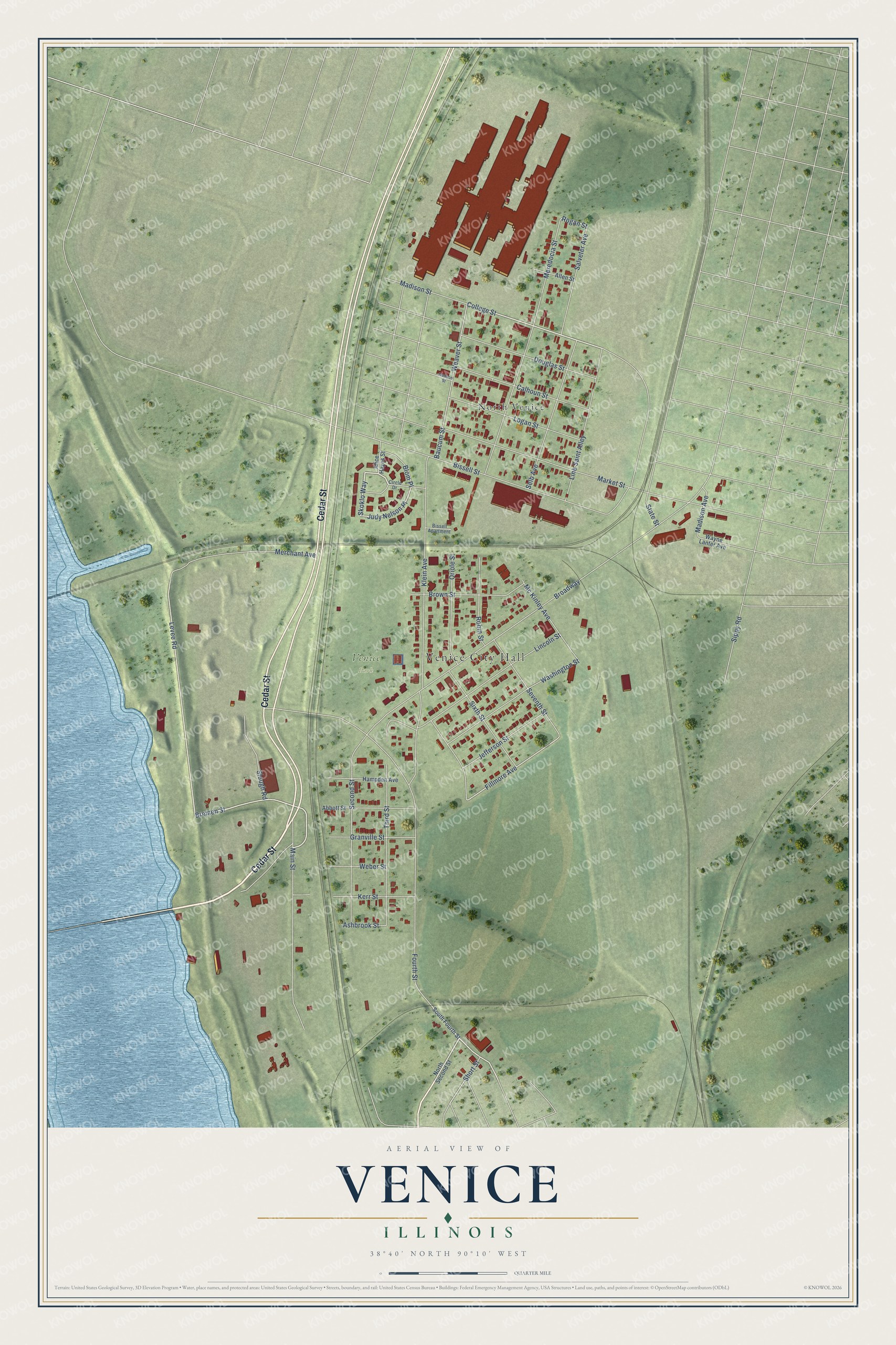 Full map of Venice, Illinois, with red buildings, printed street names and the land around them