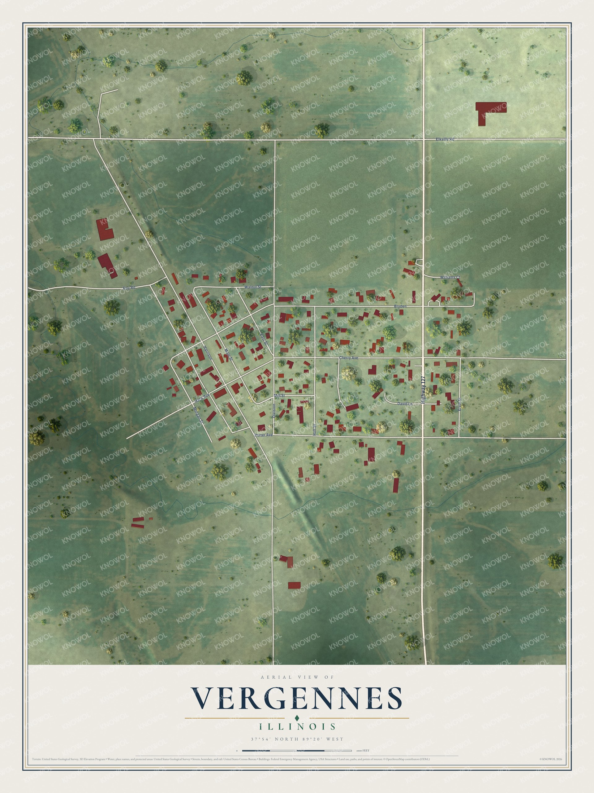 Full map of Vergennes, Illinois, with red buildings, printed street names and the land around them