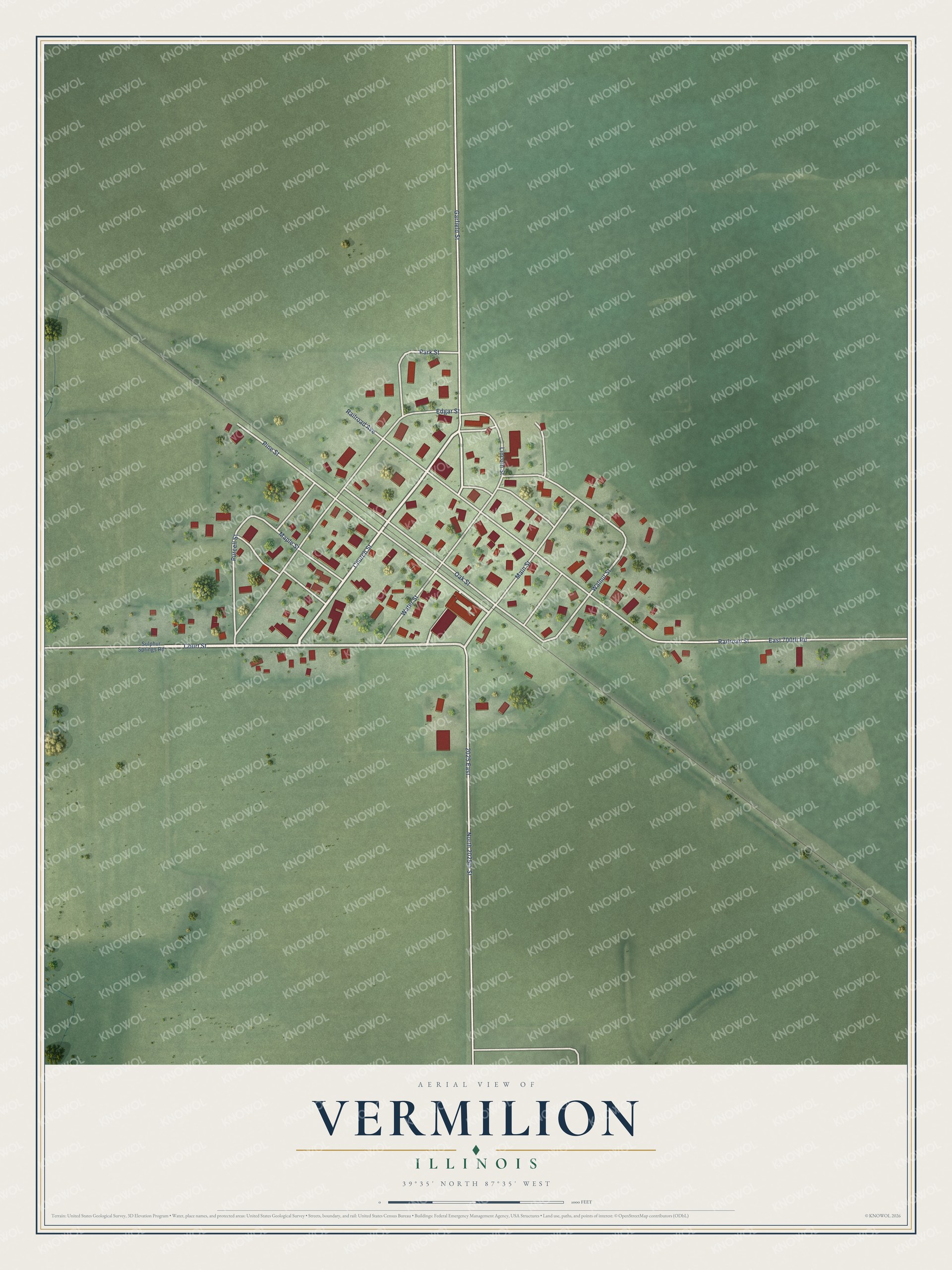 Full map of Vermilion, Illinois, with red buildings, printed street names and the land around them