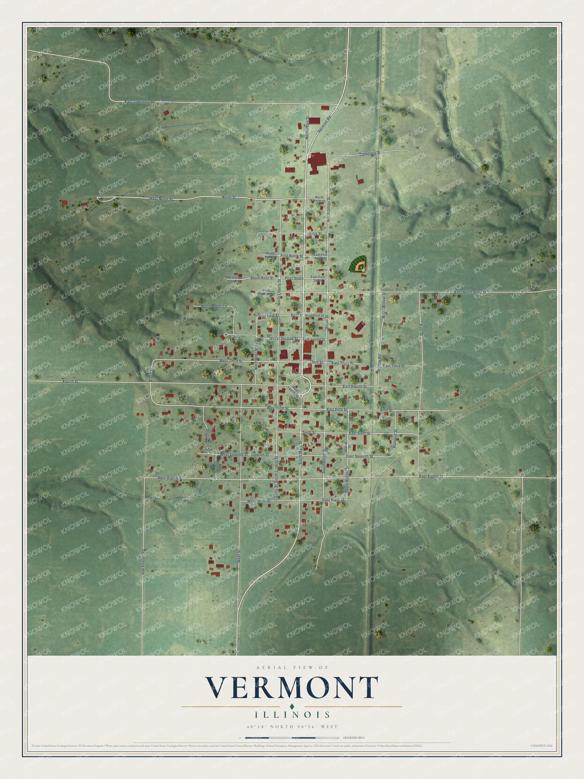 Full map of Vermont, Illinois, with red buildings, printed street names and the land around them