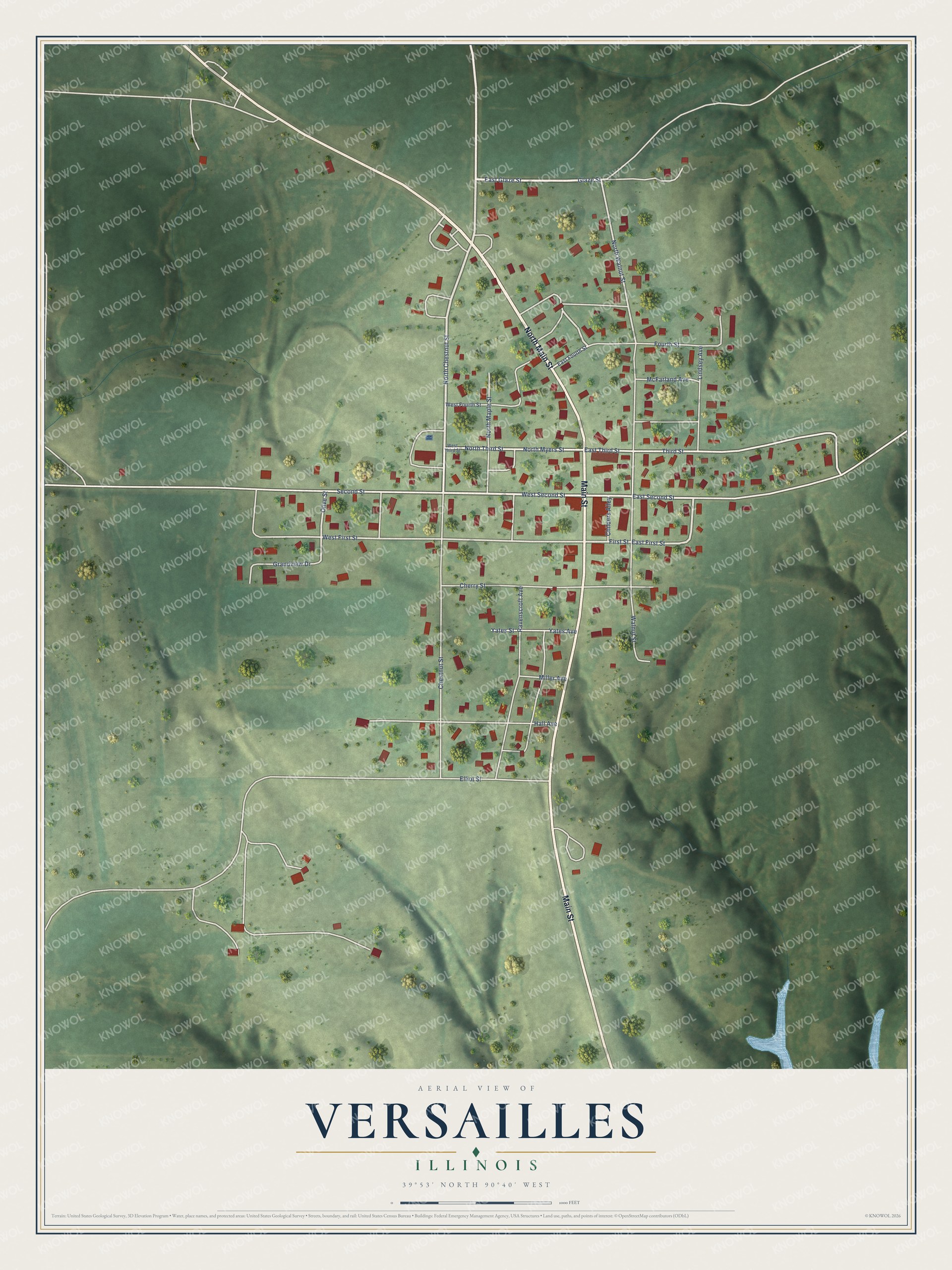 Full map of Versailles, Illinois, with red buildings, printed street names and the land around them