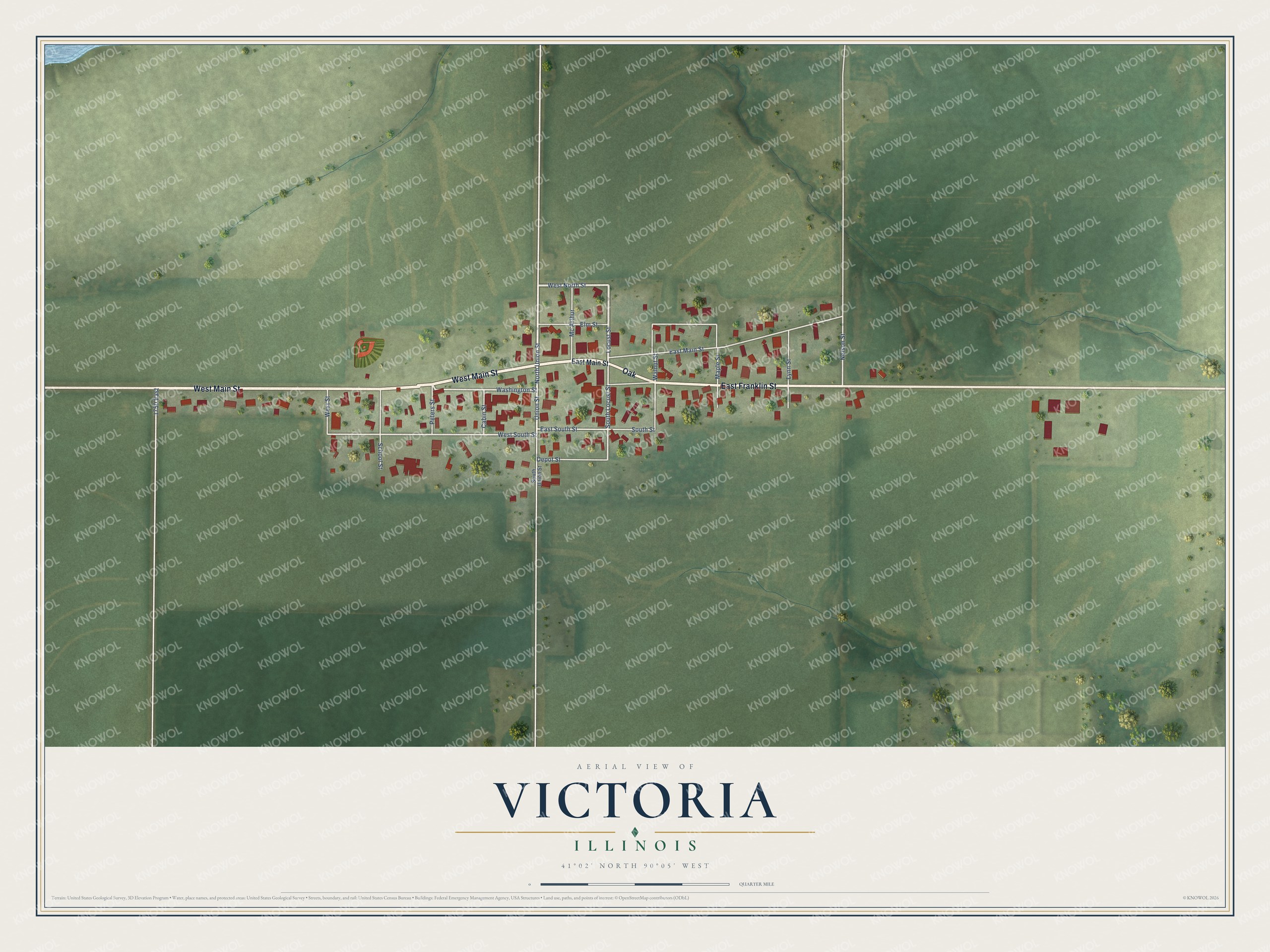 Full map of Victoria, Illinois, with red buildings, printed street names and the land around them