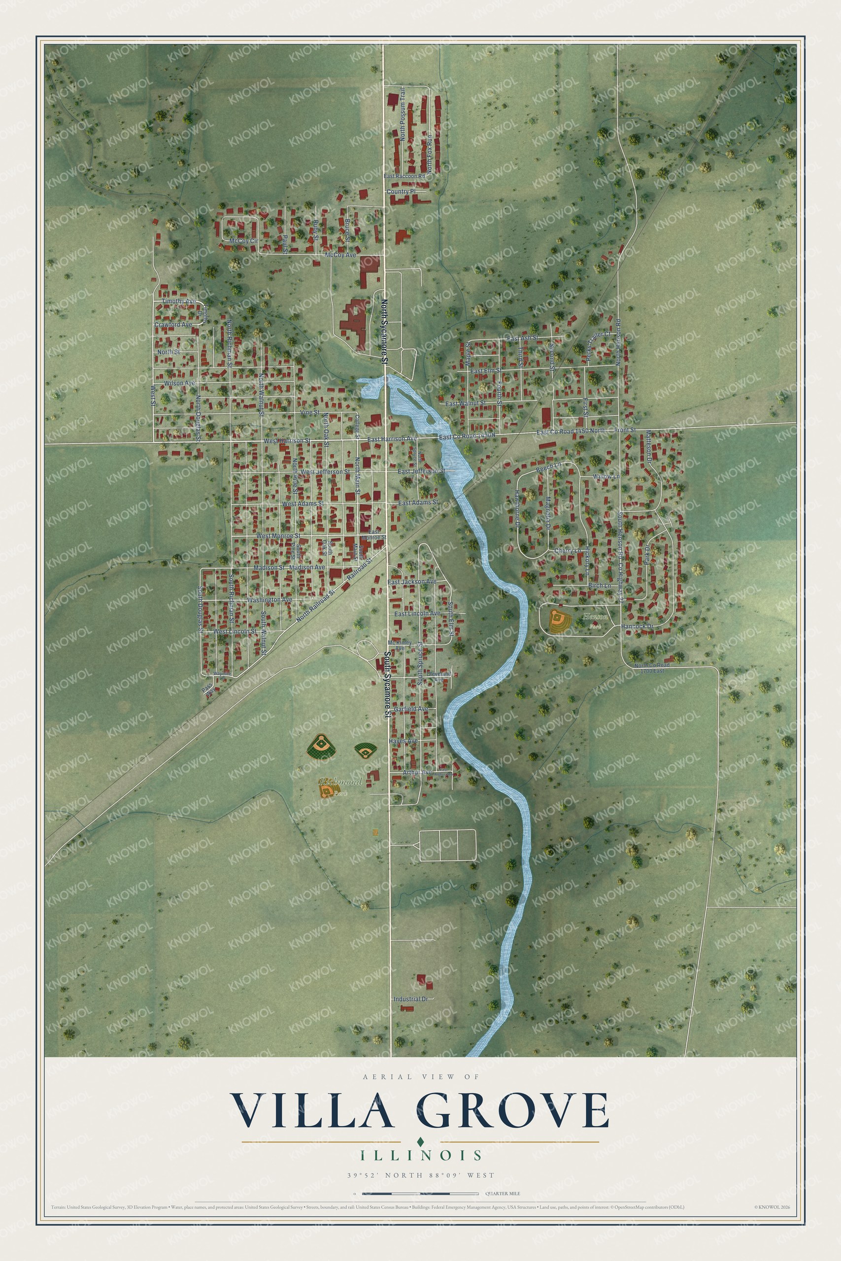 Full map of Villa Grove, Illinois, with red buildings, printed street names and the land around them