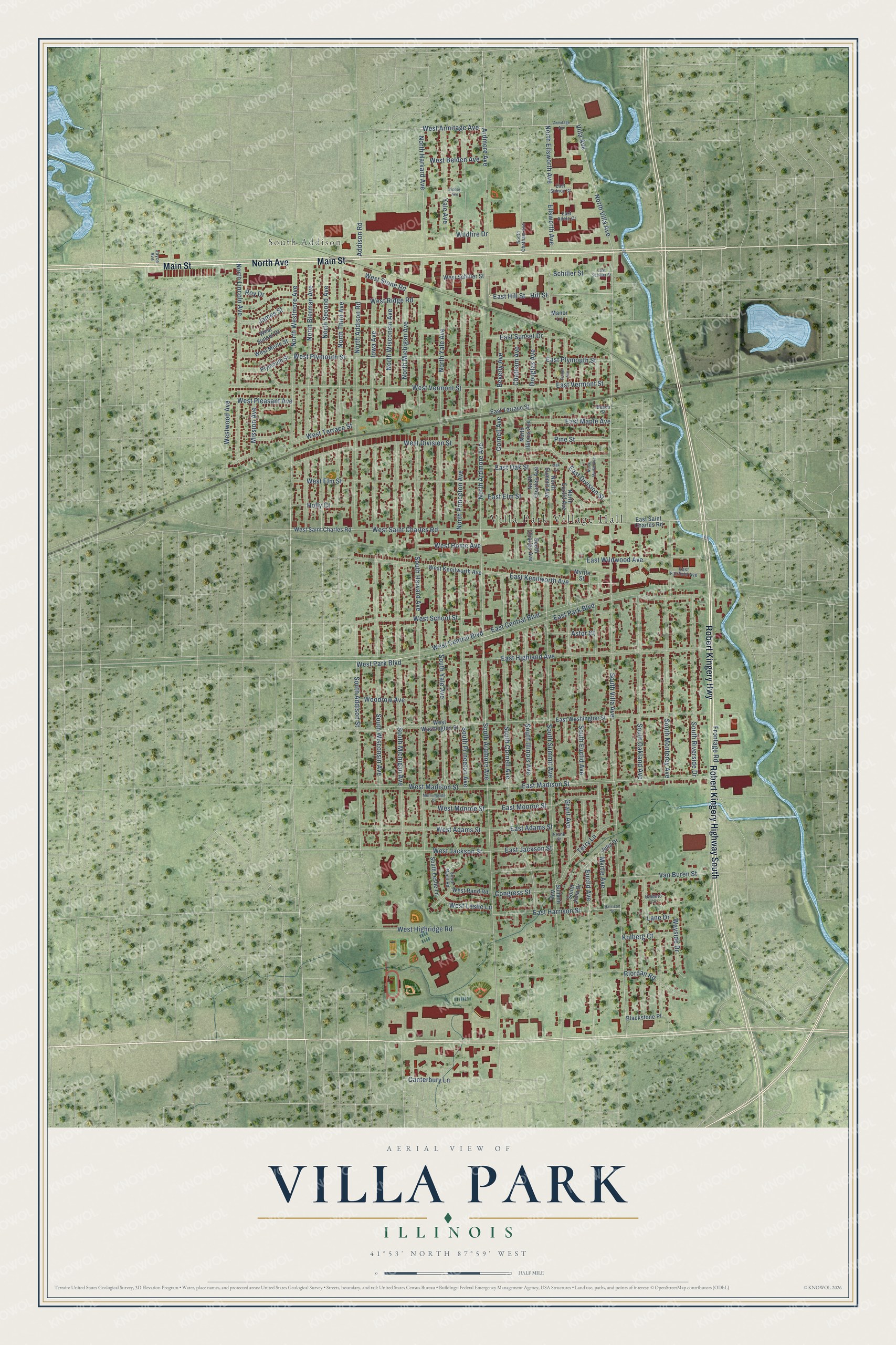 Full map of Villa Park, Illinois, with red buildings, printed street names and the land around them