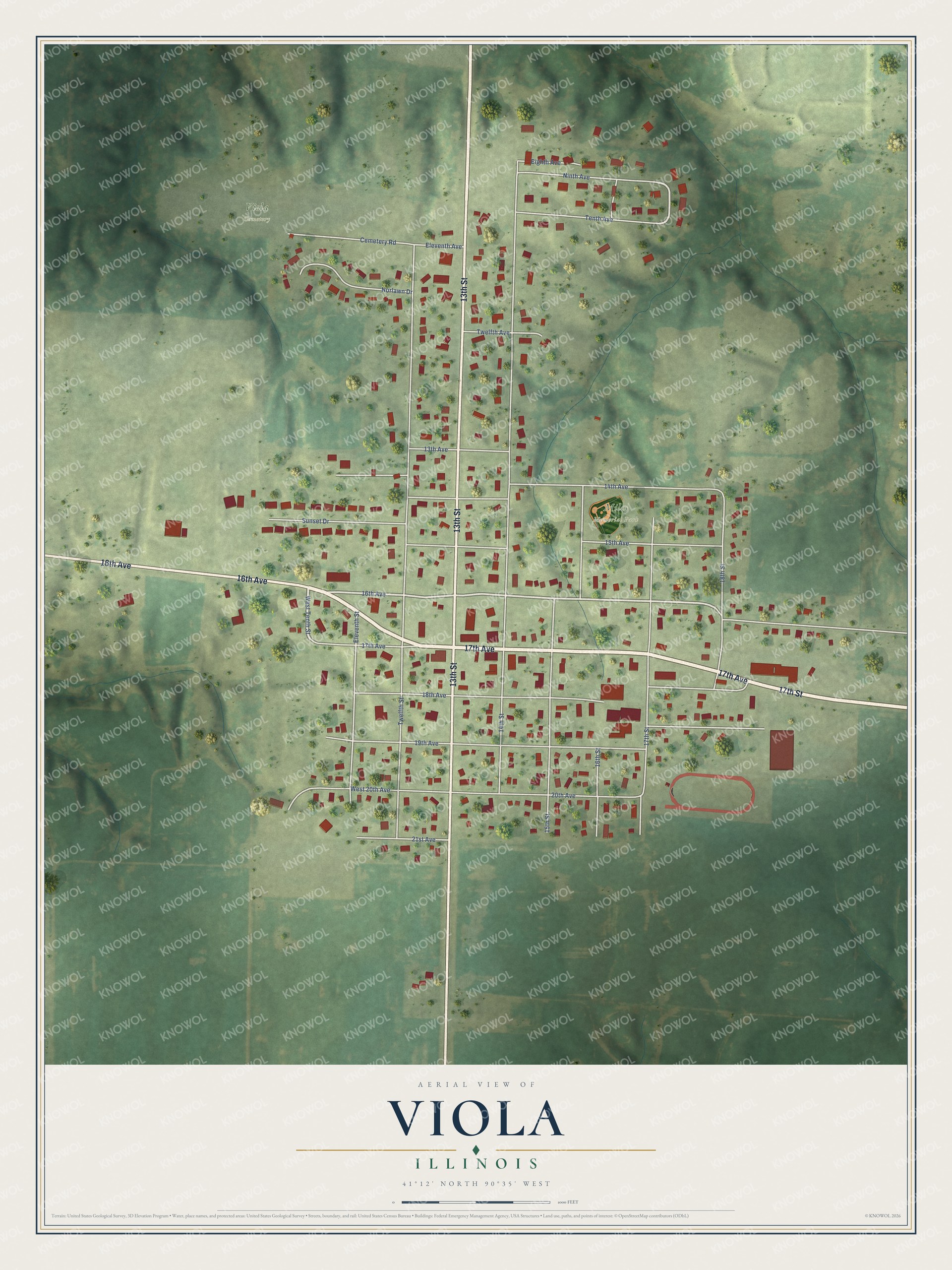 Full map of Viola, Illinois, with red buildings, printed street names and the land around them