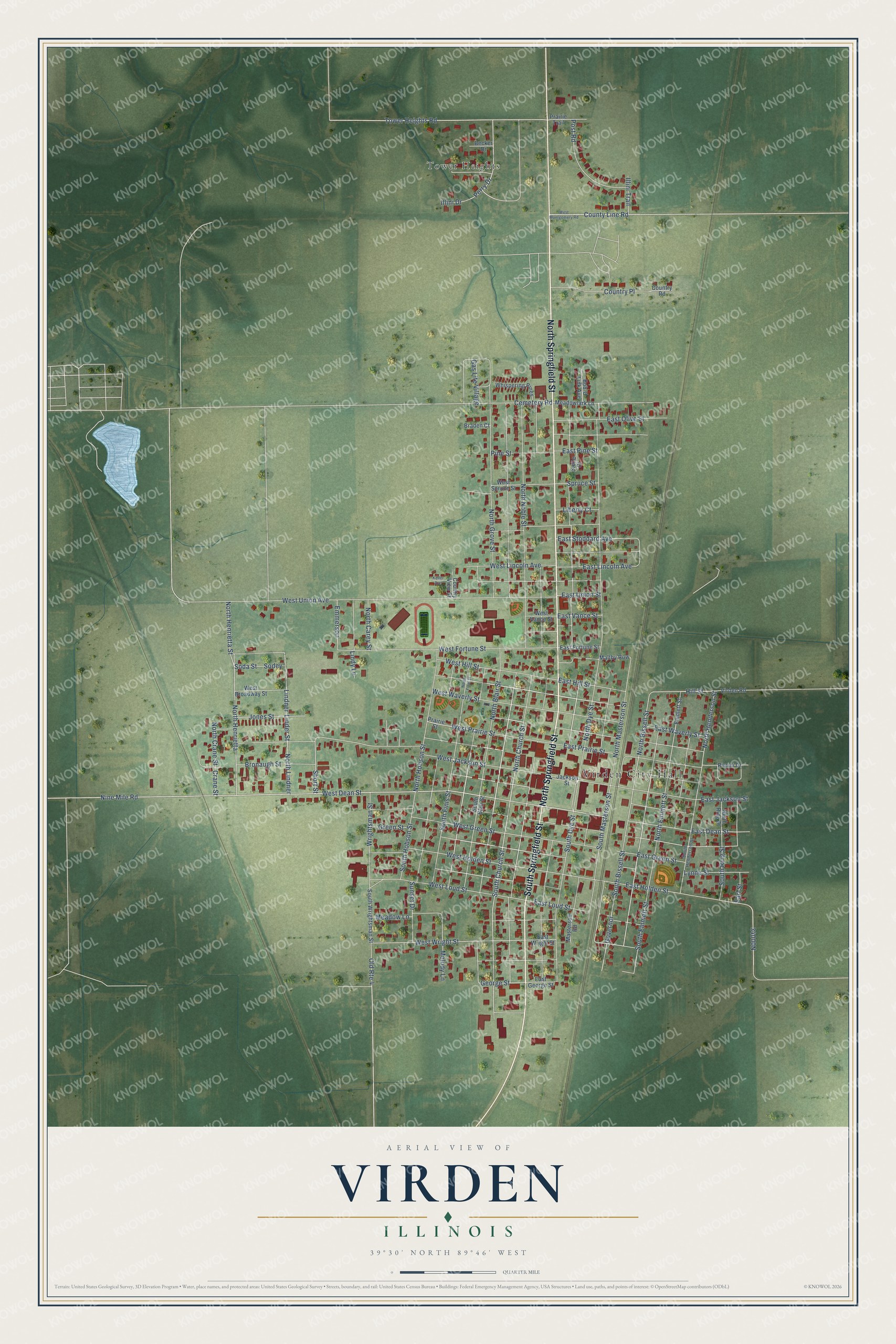 Full map of Virden, Illinois, with red buildings, printed street names and the land around them