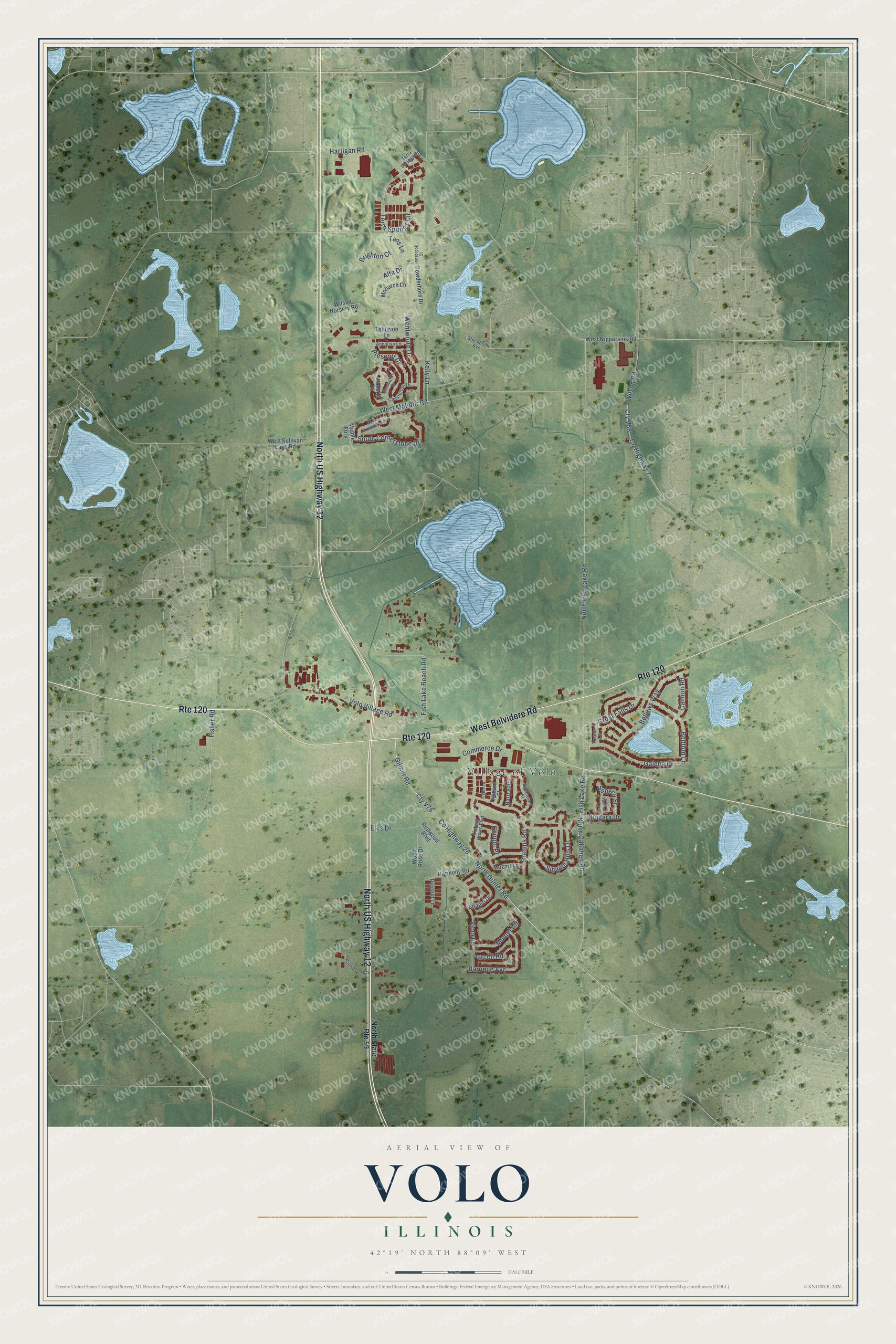 Full map of Volo, Illinois, with red buildings, printed street names and the land around them