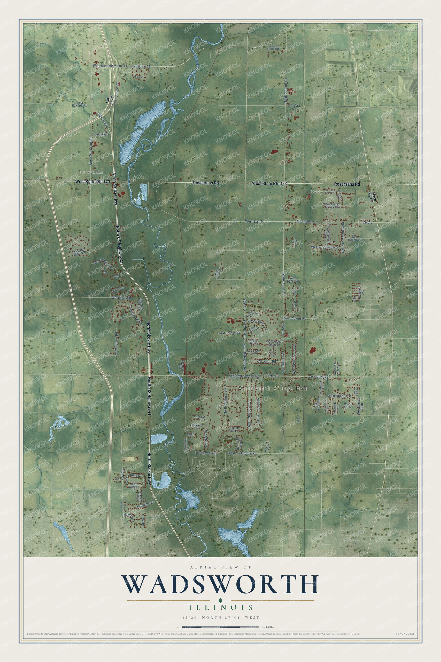 Full map of Wadsworth, Illinois, with red buildings, printed street names and the land around them