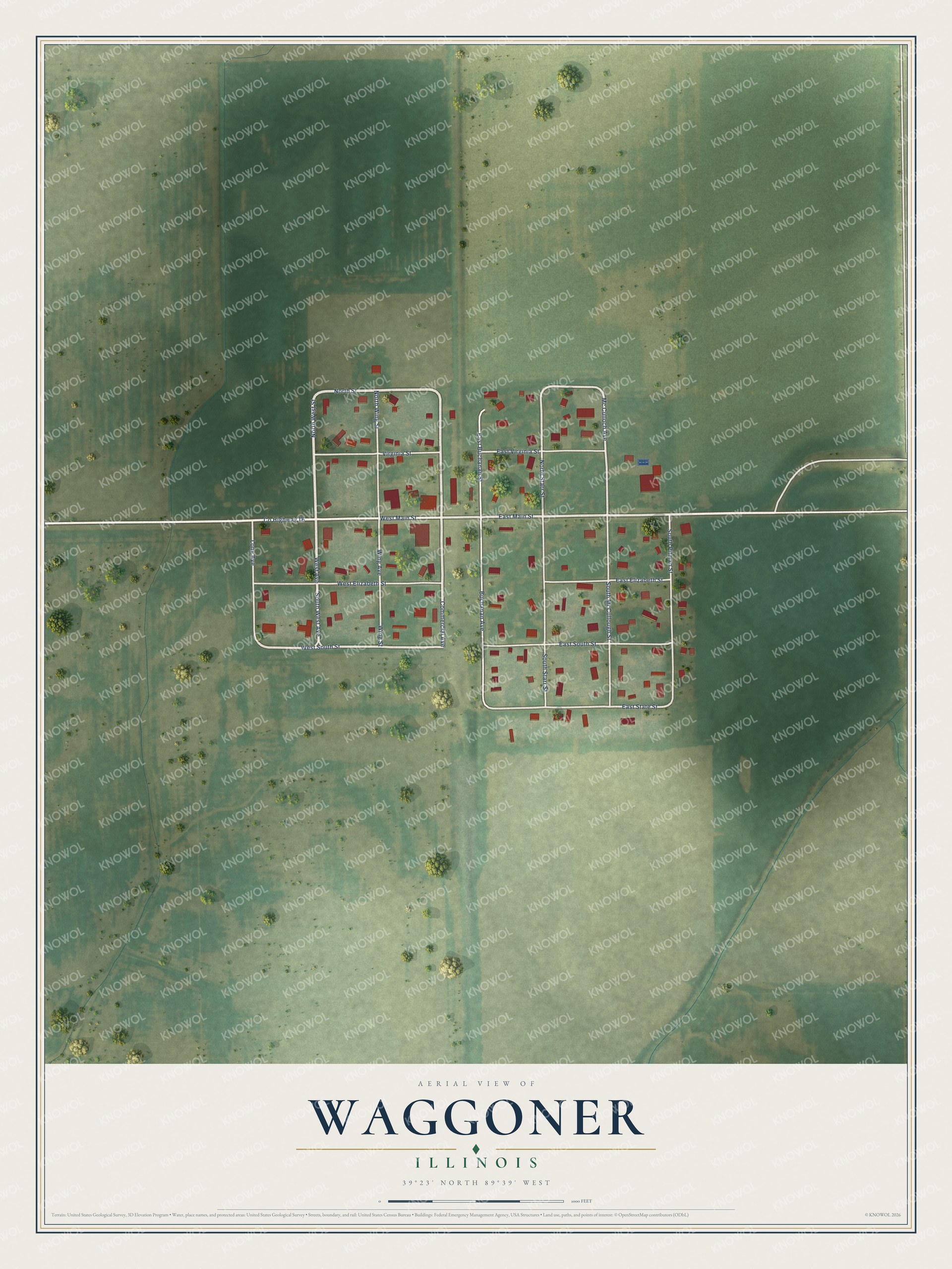 Full map of Waggoner, Illinois, with red buildings, printed street names and the land around them