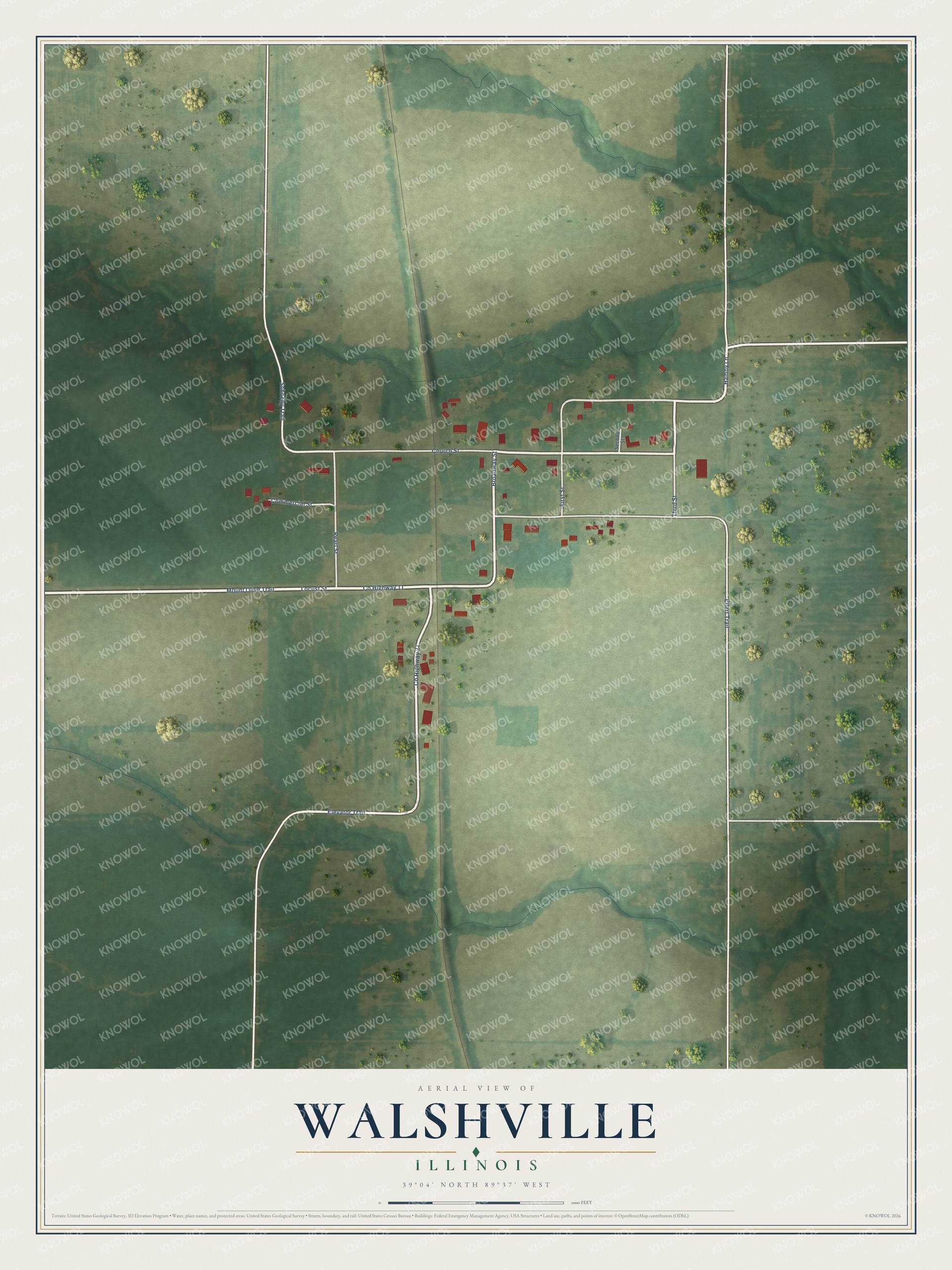 Full map of Walshville, Illinois, with red buildings, printed street names and the land around them