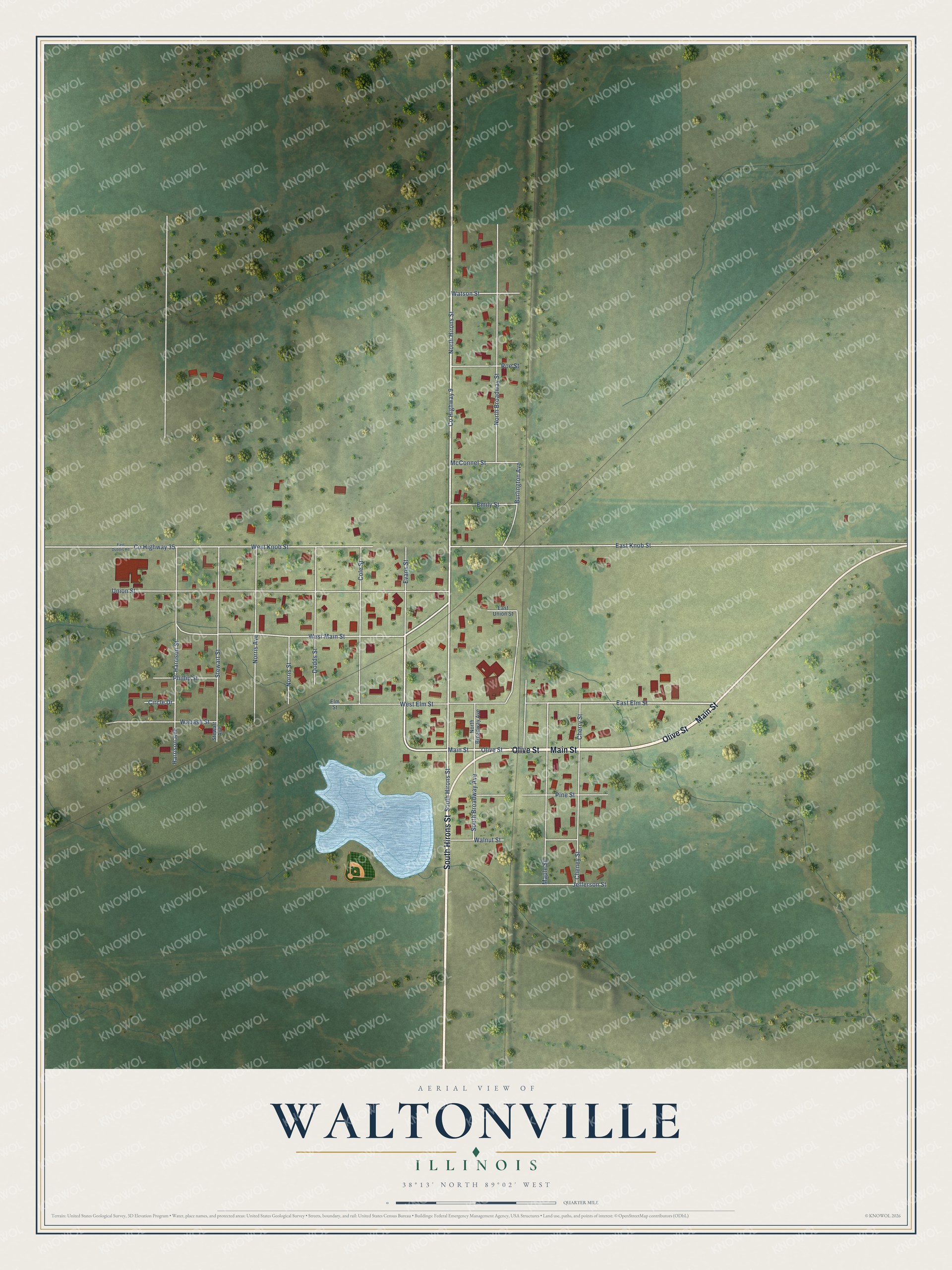 Full map of Waltonville, Illinois, with red buildings, printed street names and the land around them