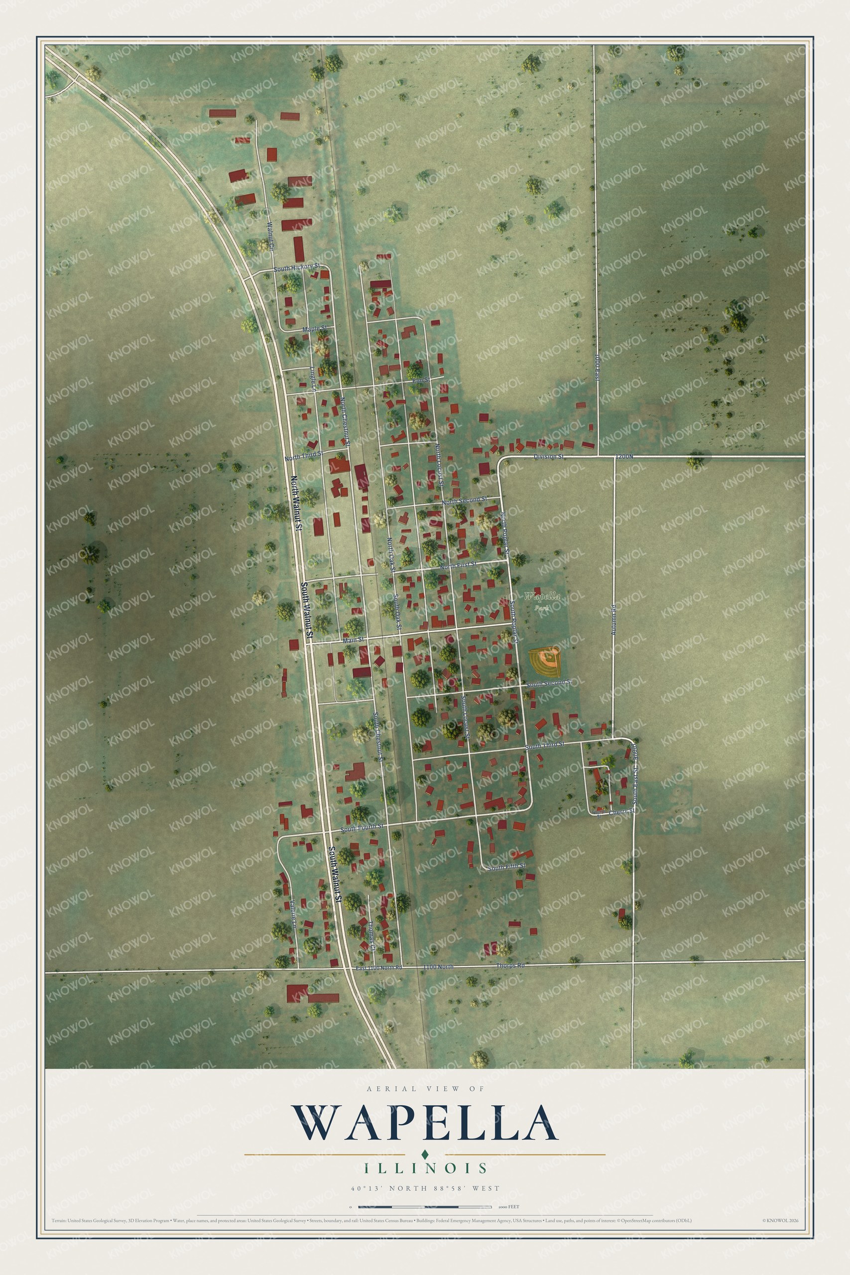 Full map of Wapella, Illinois, with red buildings, printed street names and the land around them