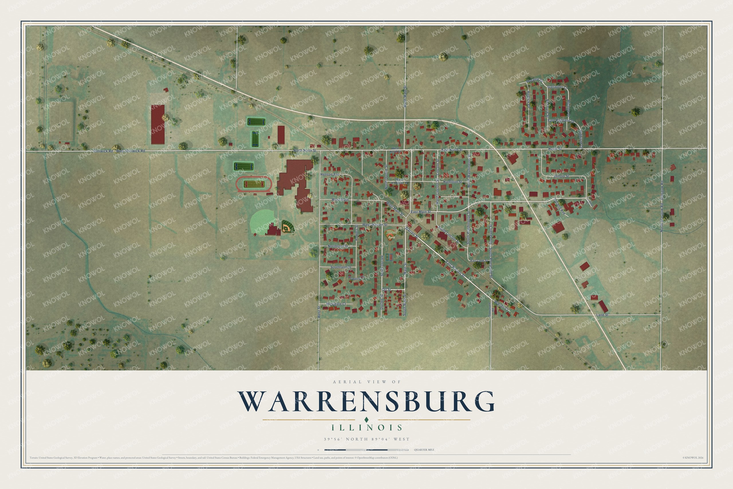 Full map of Warrensburg, Illinois, with red buildings, printed street names and the land around them
