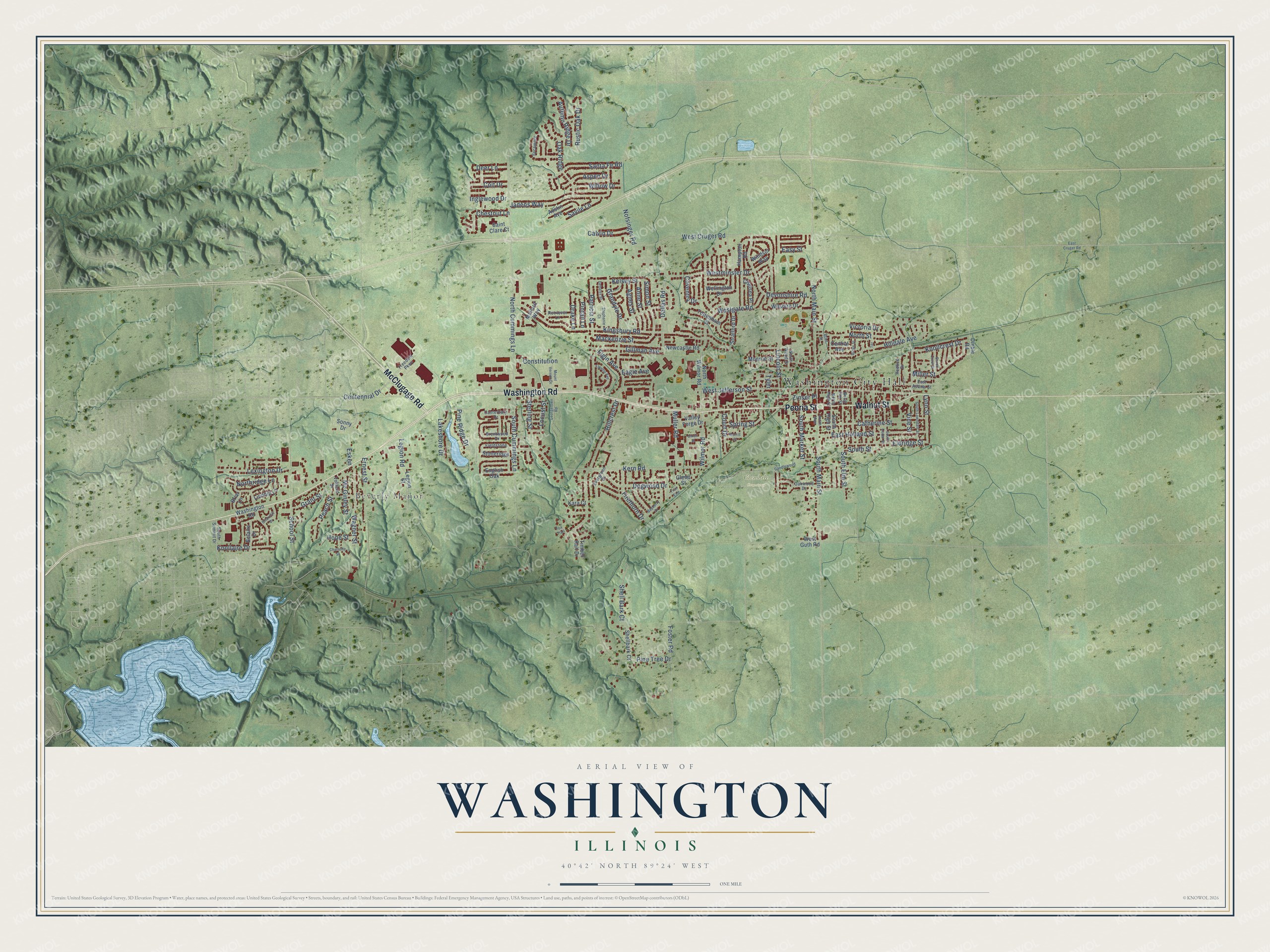 Full map of Washington, Illinois, with red buildings, printed street names and the land around them