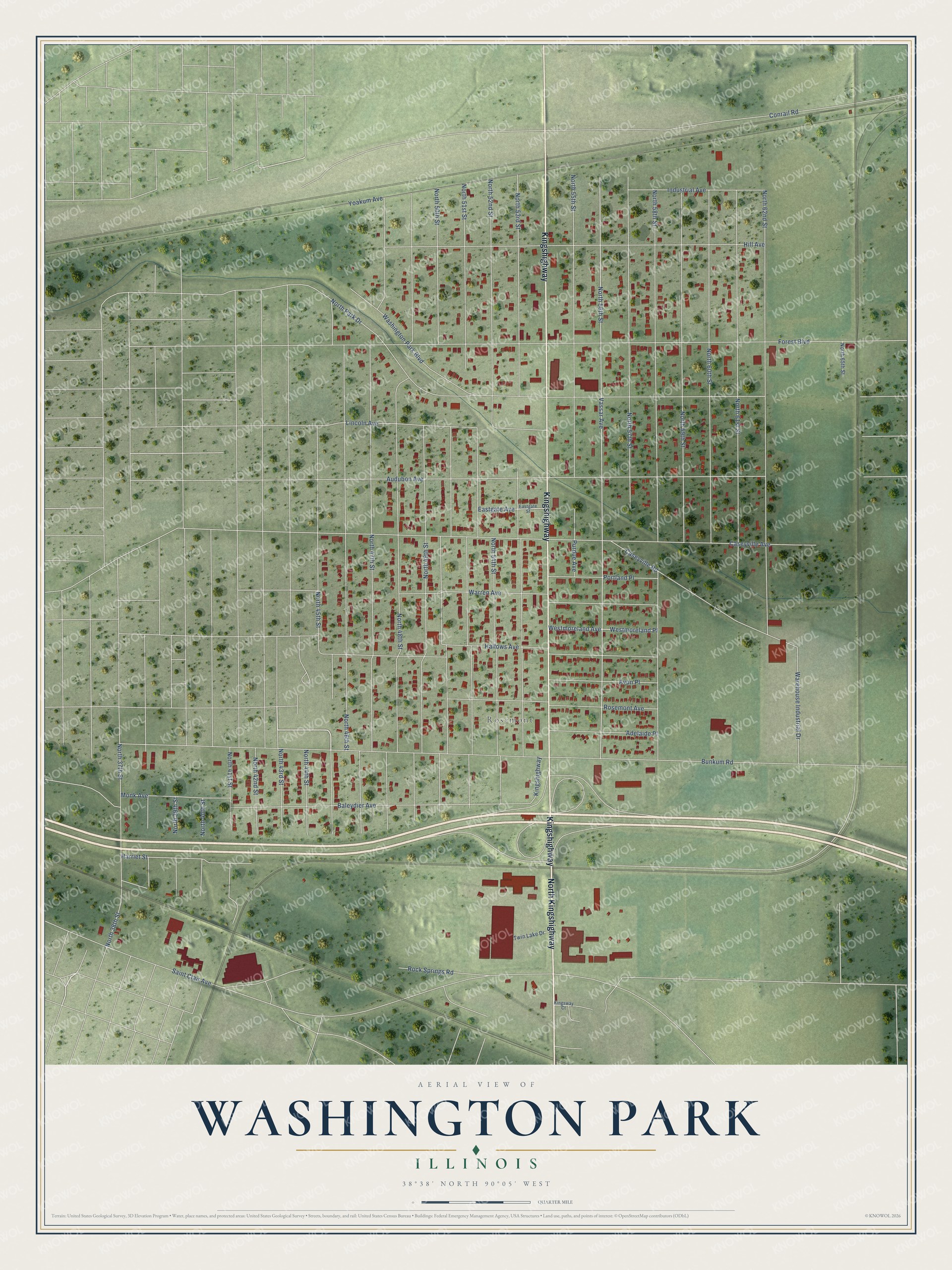 Full map of Washington Park, Illinois, with red buildings, printed street names and the land around them