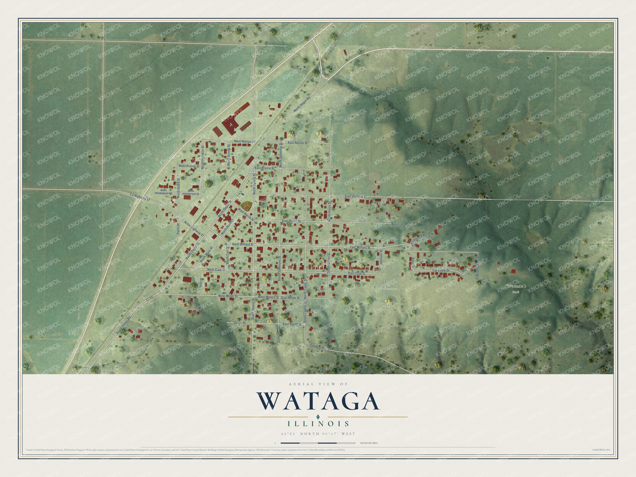 Full map of Wataga, Illinois, with red buildings, printed street names and the land around them