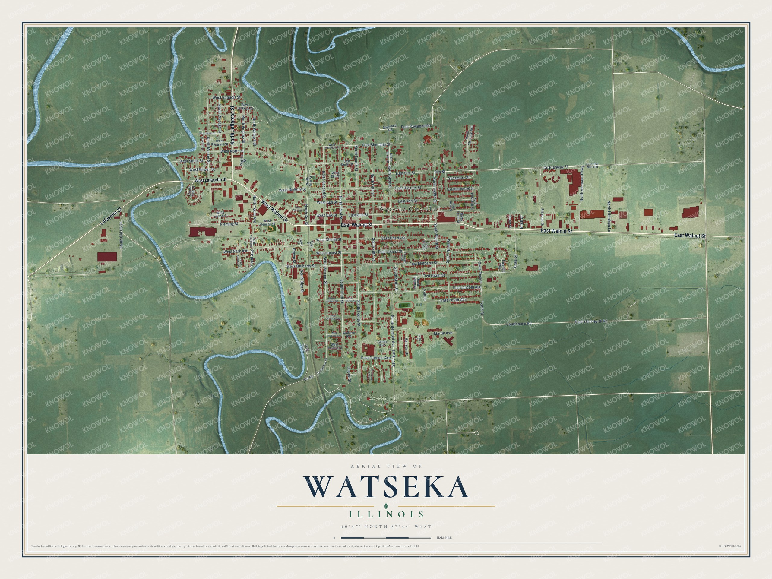 Full map of Watseka, Illinois, with red buildings, printed street names and the land around them