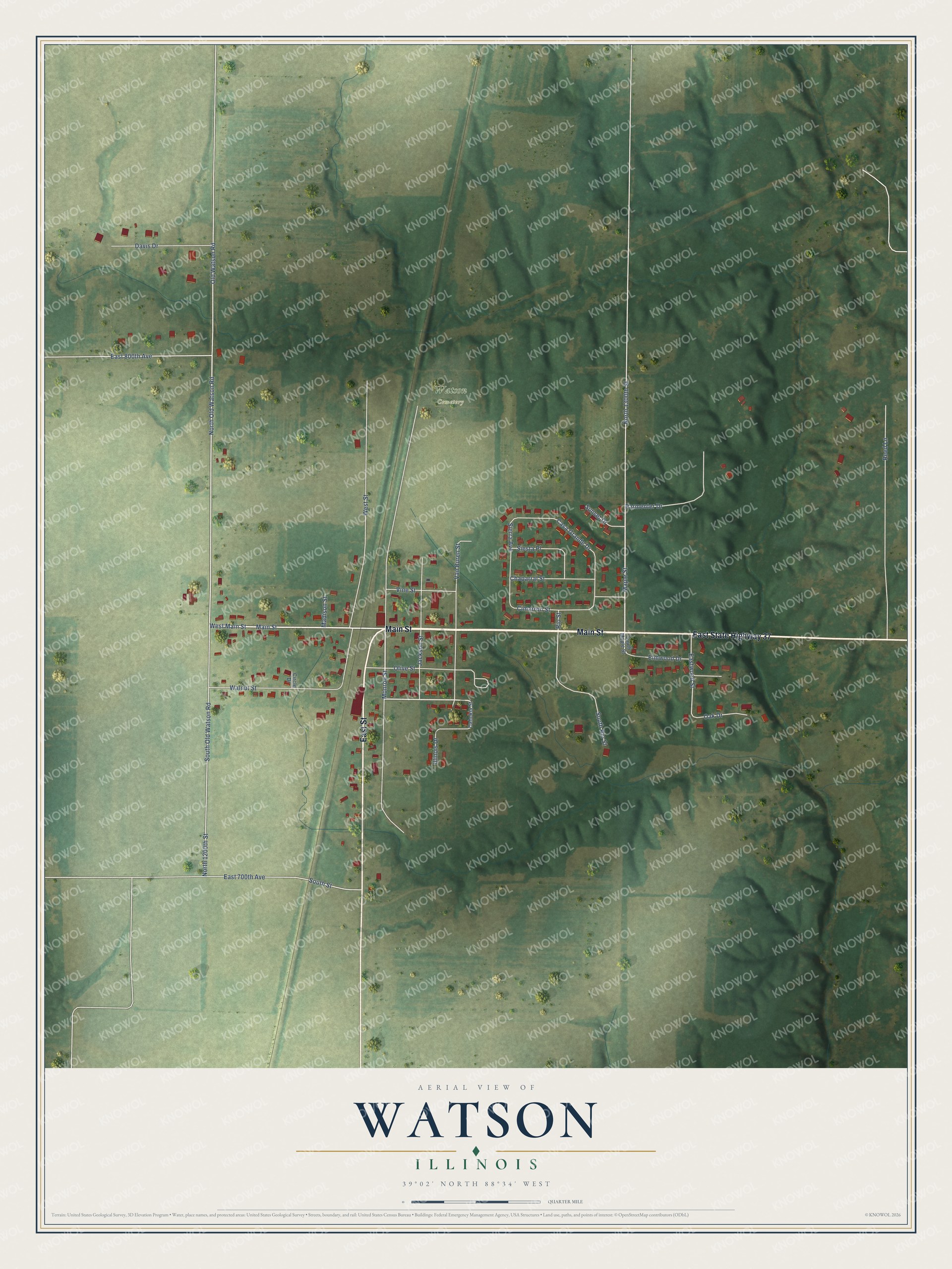 Full map of Watson, Illinois, with red buildings, printed street names and the land around them