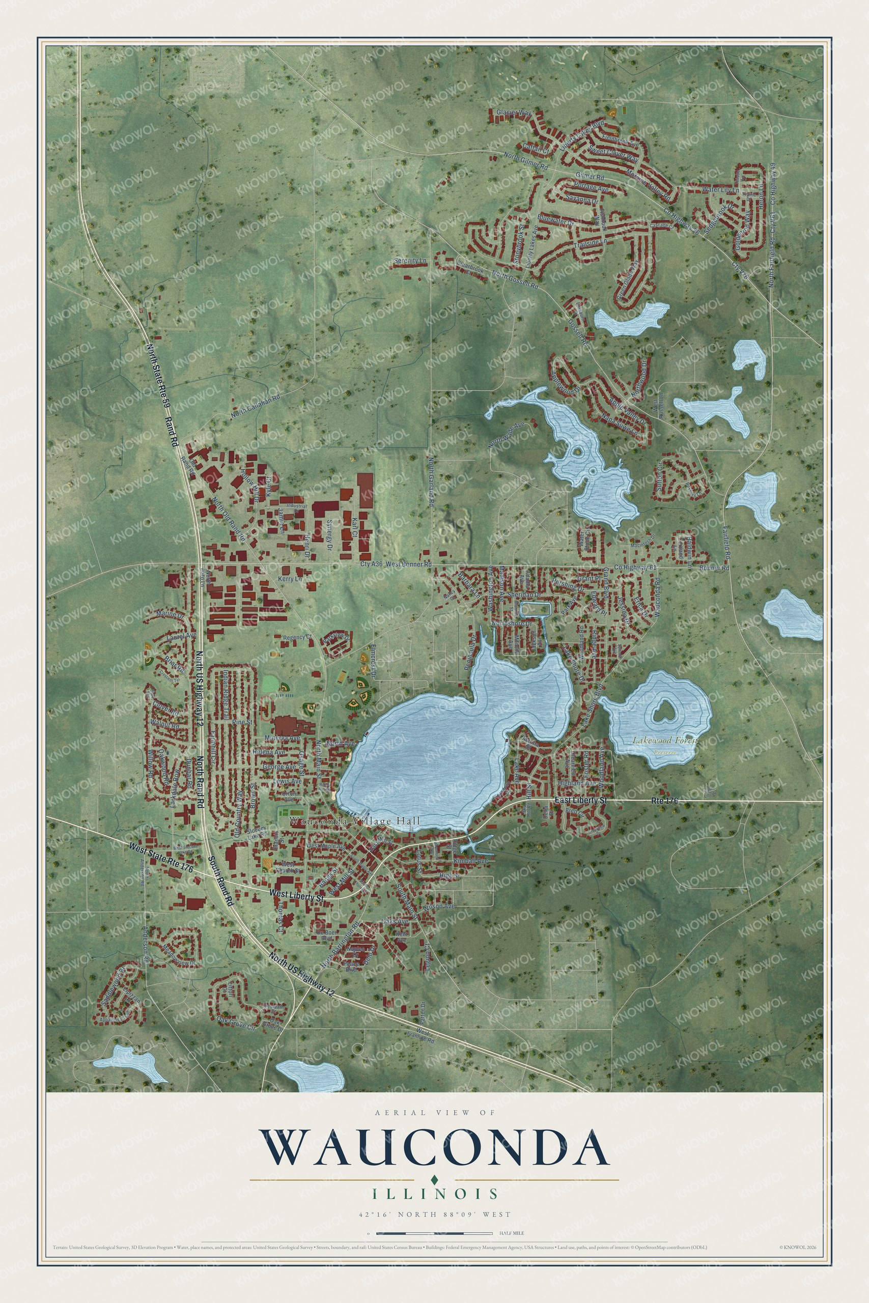 Full map of Wauconda, Illinois, with red buildings, printed street names and the land around them