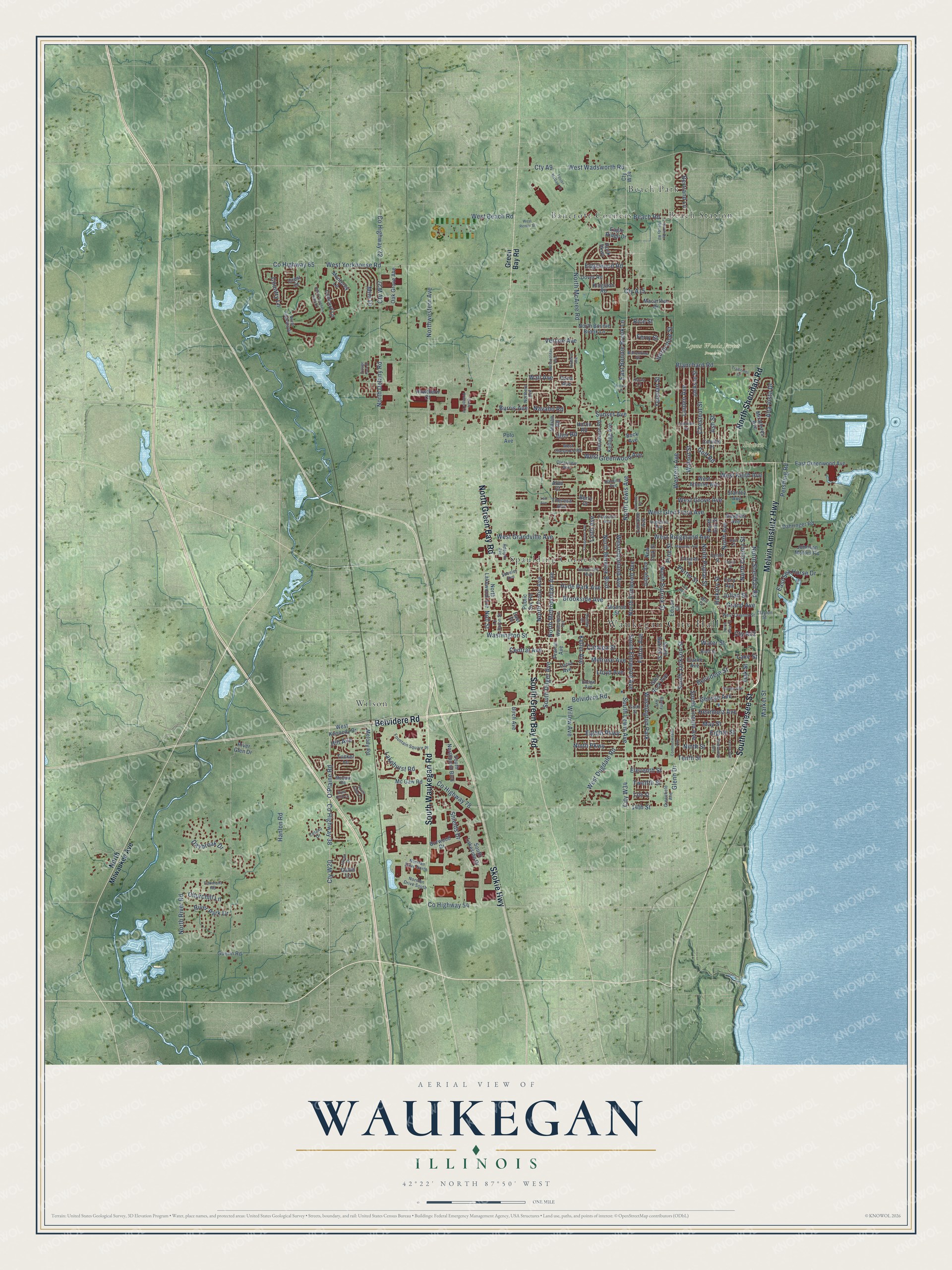 Full map of Waukegan, Illinois, with red buildings, printed street names and the land around them