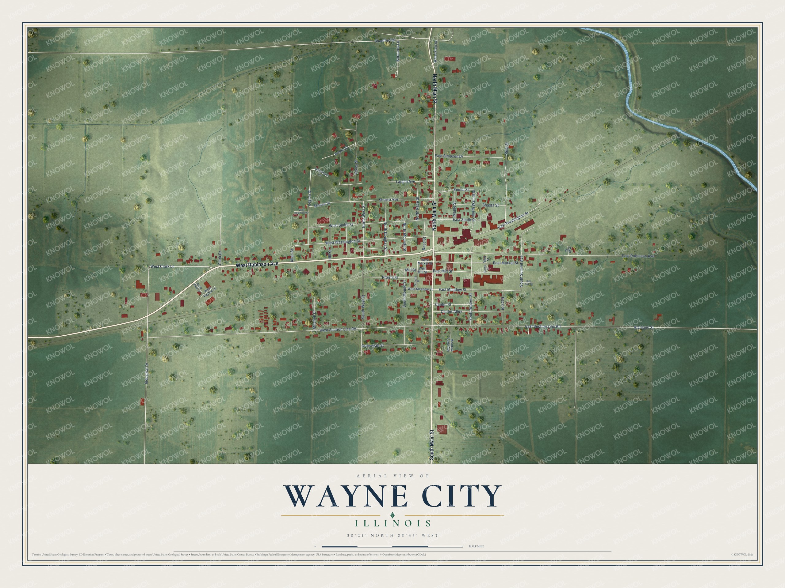 Full map of Wayne City, Illinois, with red buildings, printed street names and the land around them