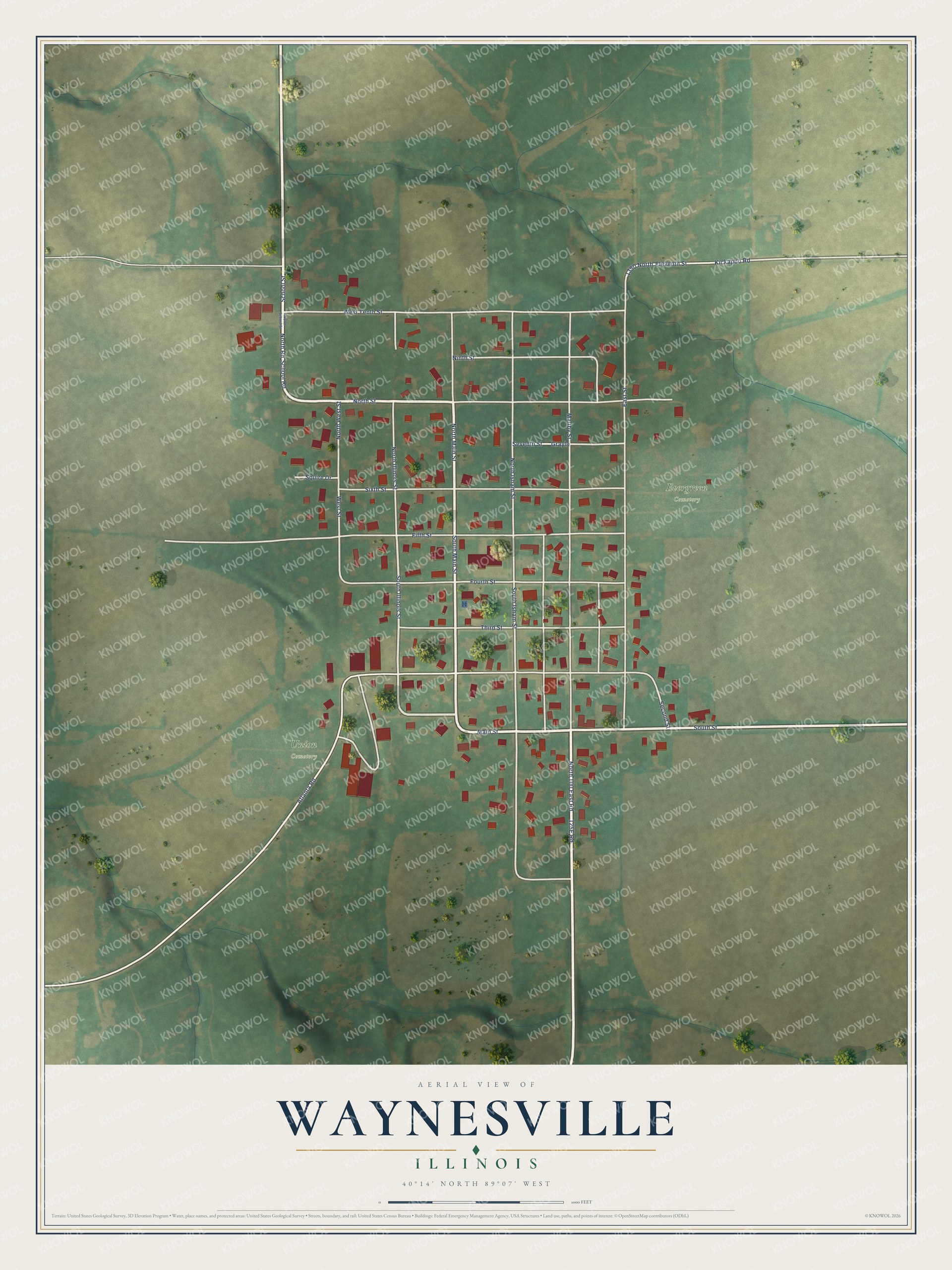 Full map of Waynesville, Illinois, with red buildings, printed street names and the land around them