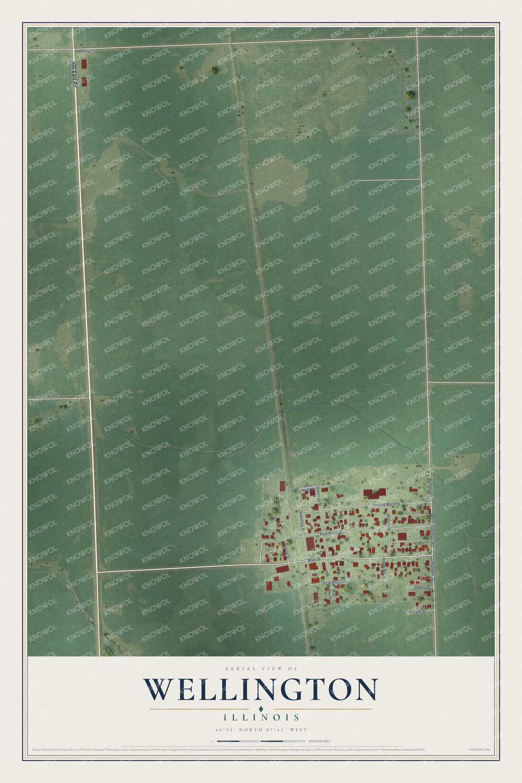 Full map of Wellington, Illinois, with red buildings, printed street names and the land around them