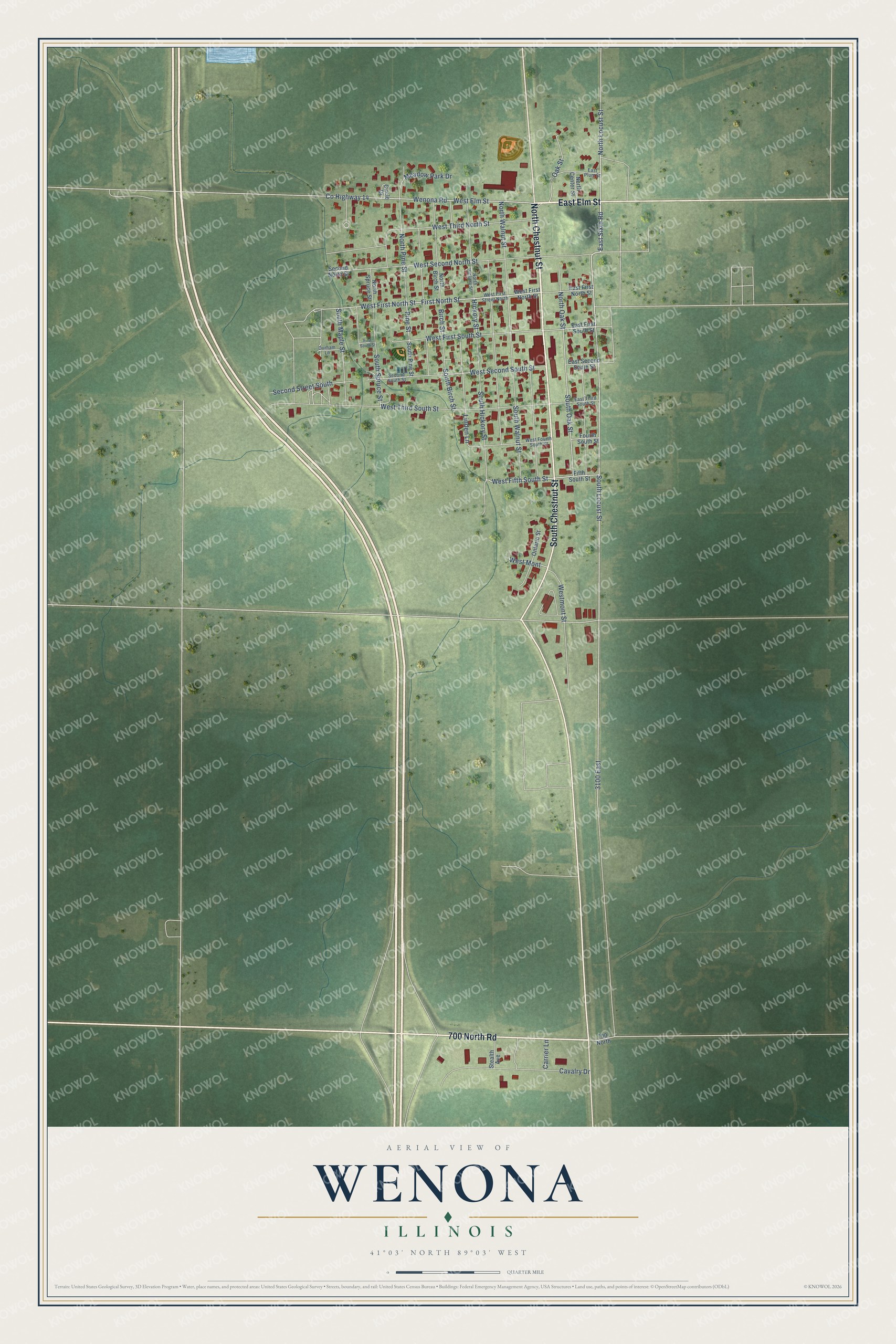 Full map of Wenona, Illinois, with red buildings, printed street names and the land around them