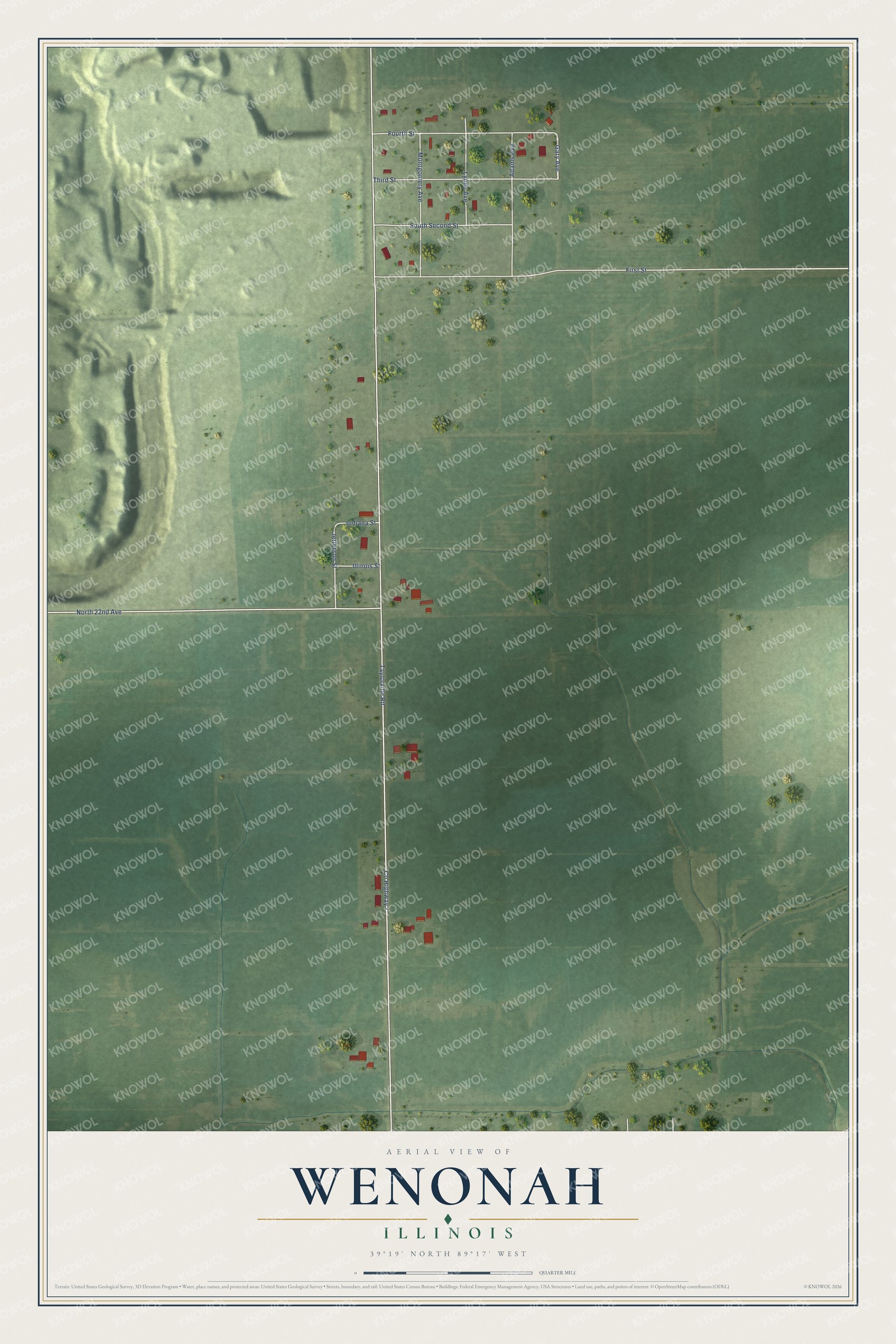Full map of Wenonah, Illinois, with red buildings, printed street names and the land around them