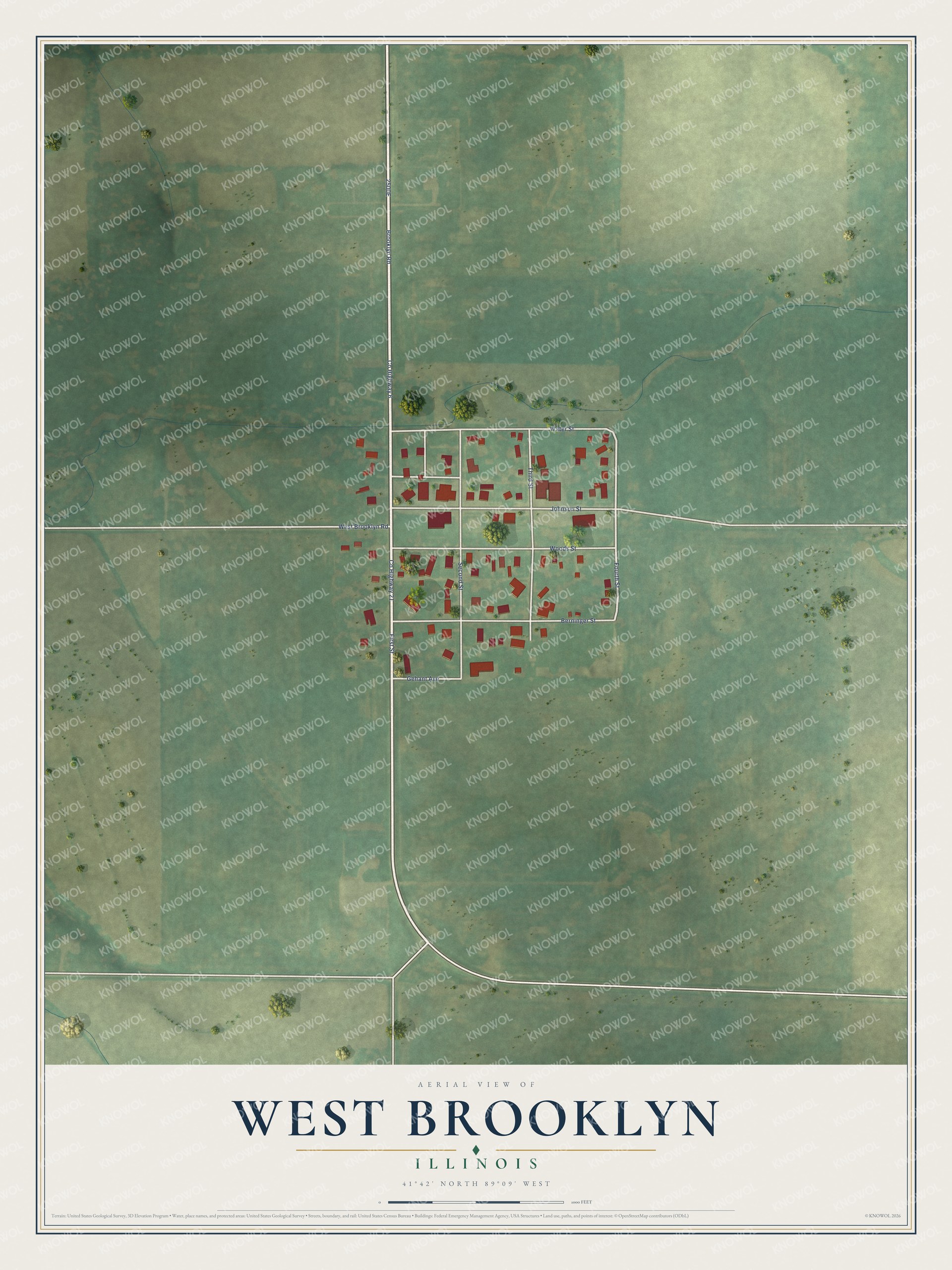 Full map of West Brooklyn, Illinois, with red buildings, printed street names and the land around them