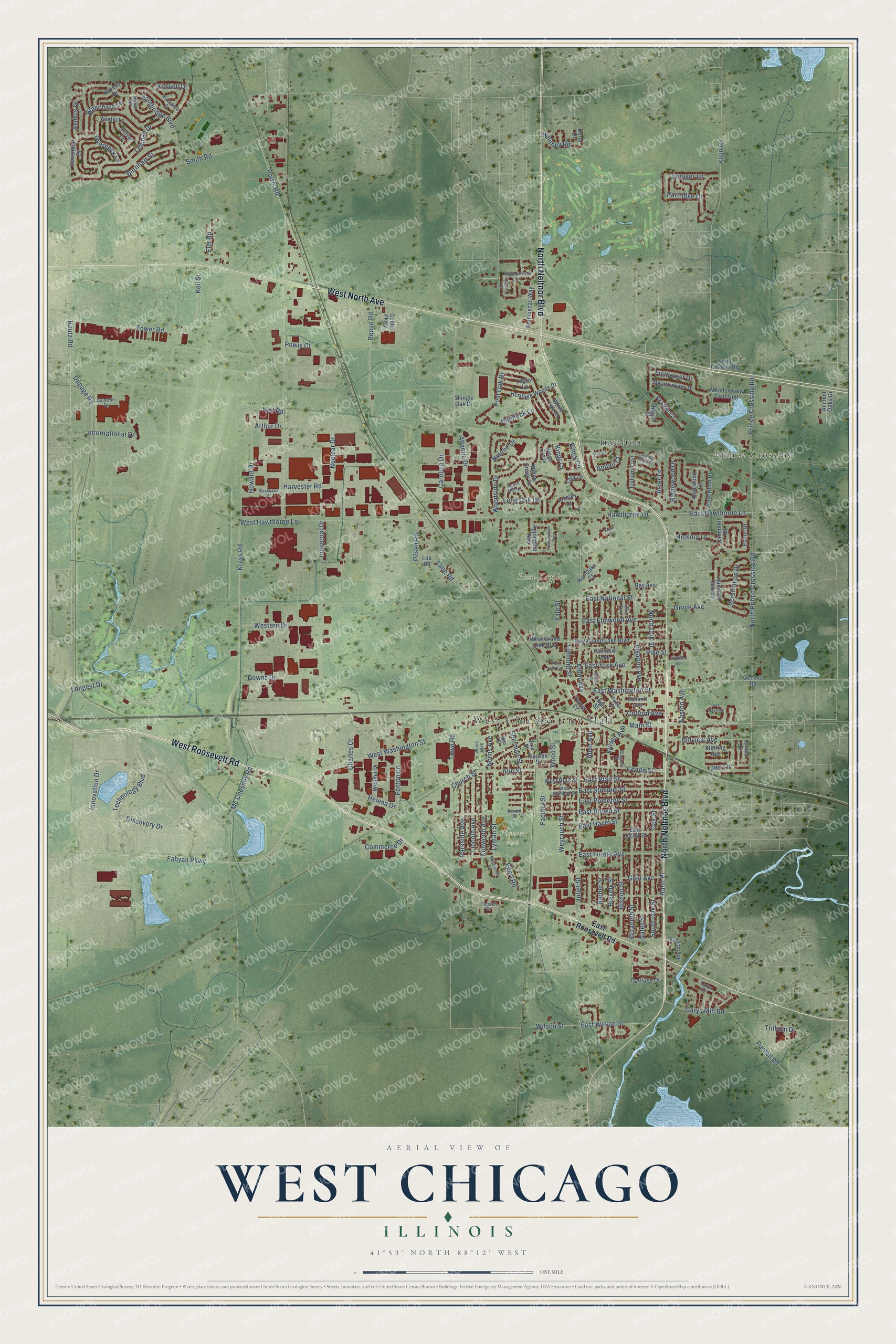 Full map of West Chicago, Illinois, with red buildings, printed street names and the land around them