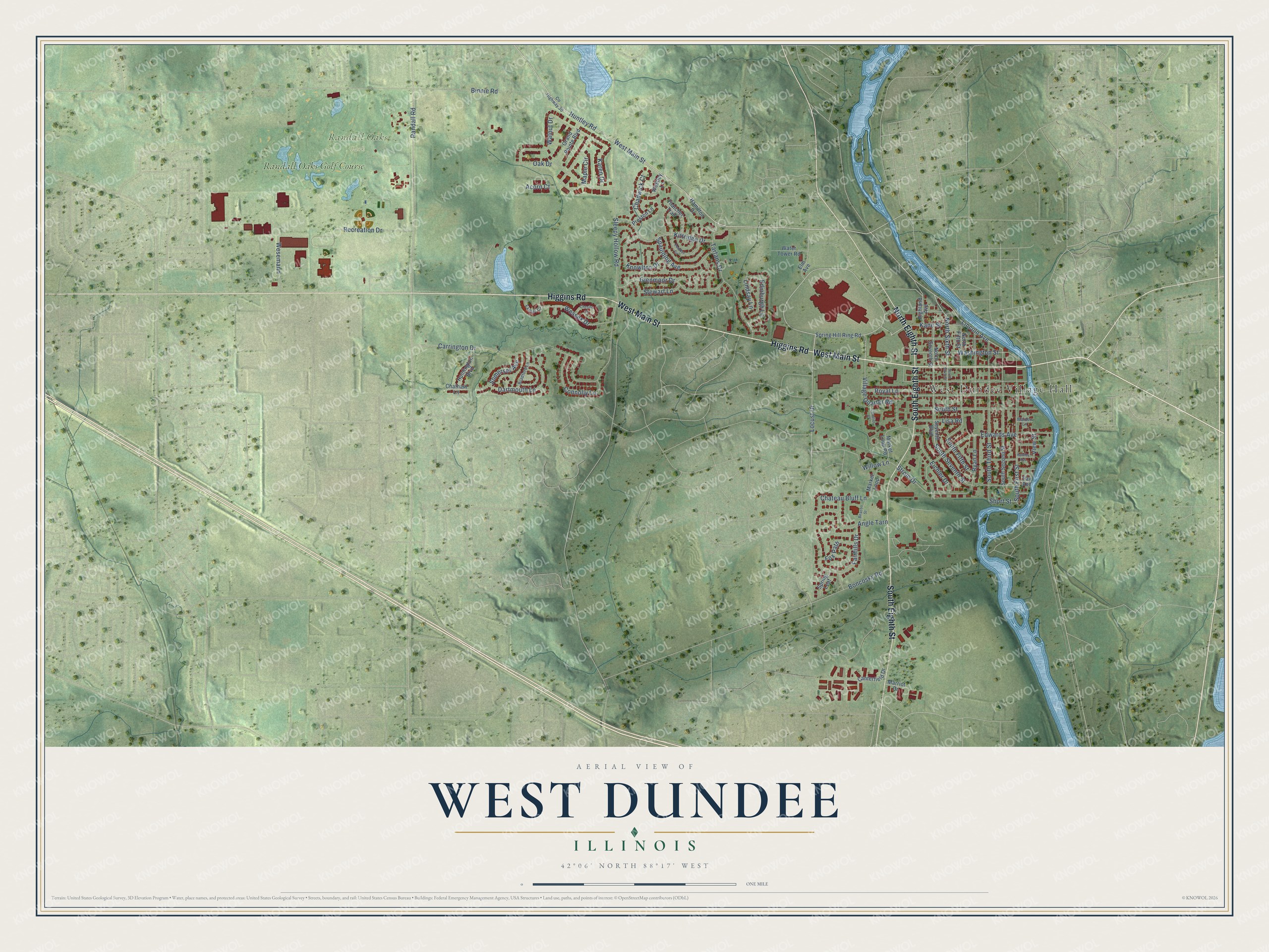 Full map of West Dundee, Illinois, with red buildings, printed street names and the land around them