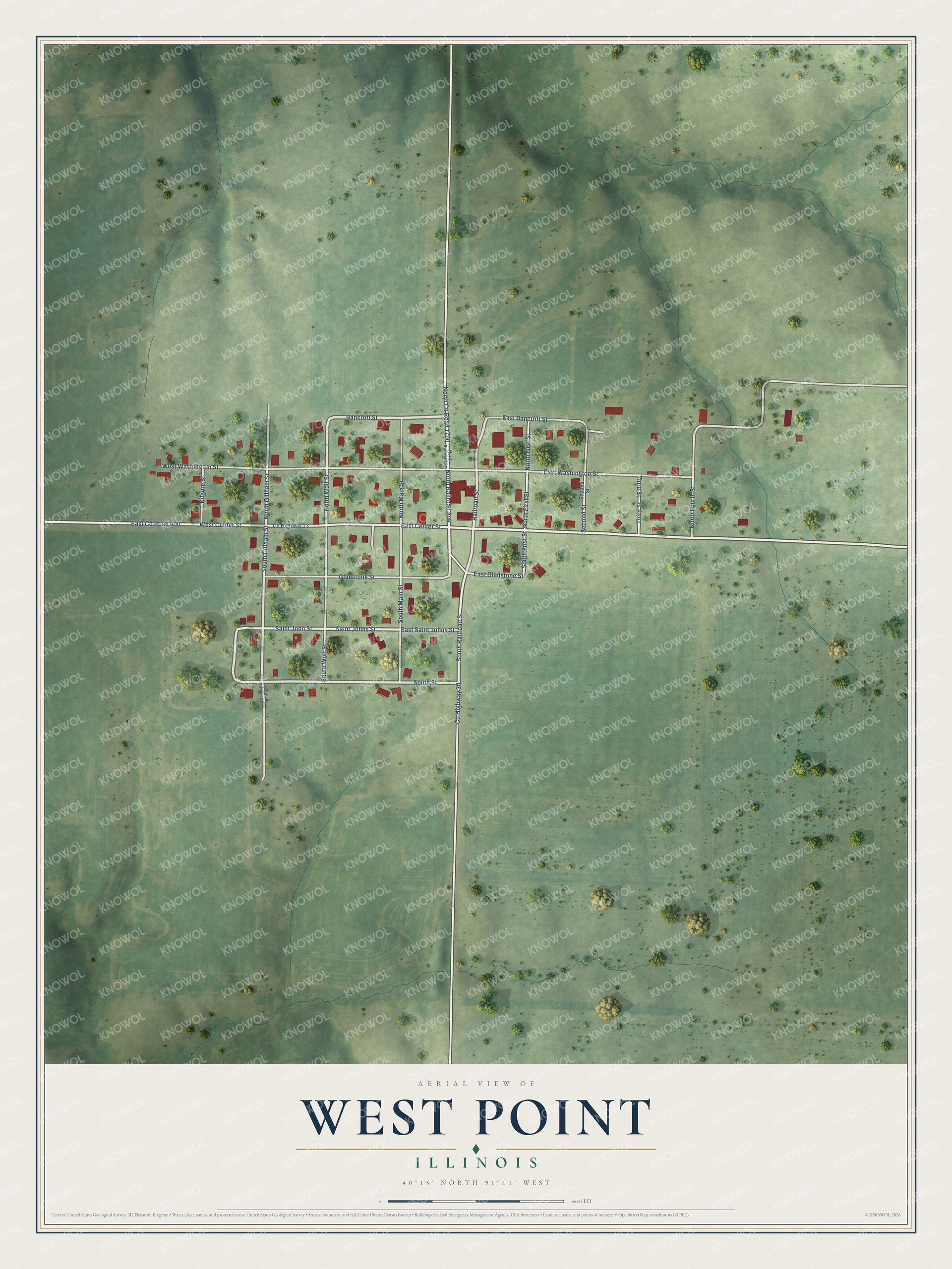 Full map of West Point, Illinois, with red buildings, printed street names and the land around them