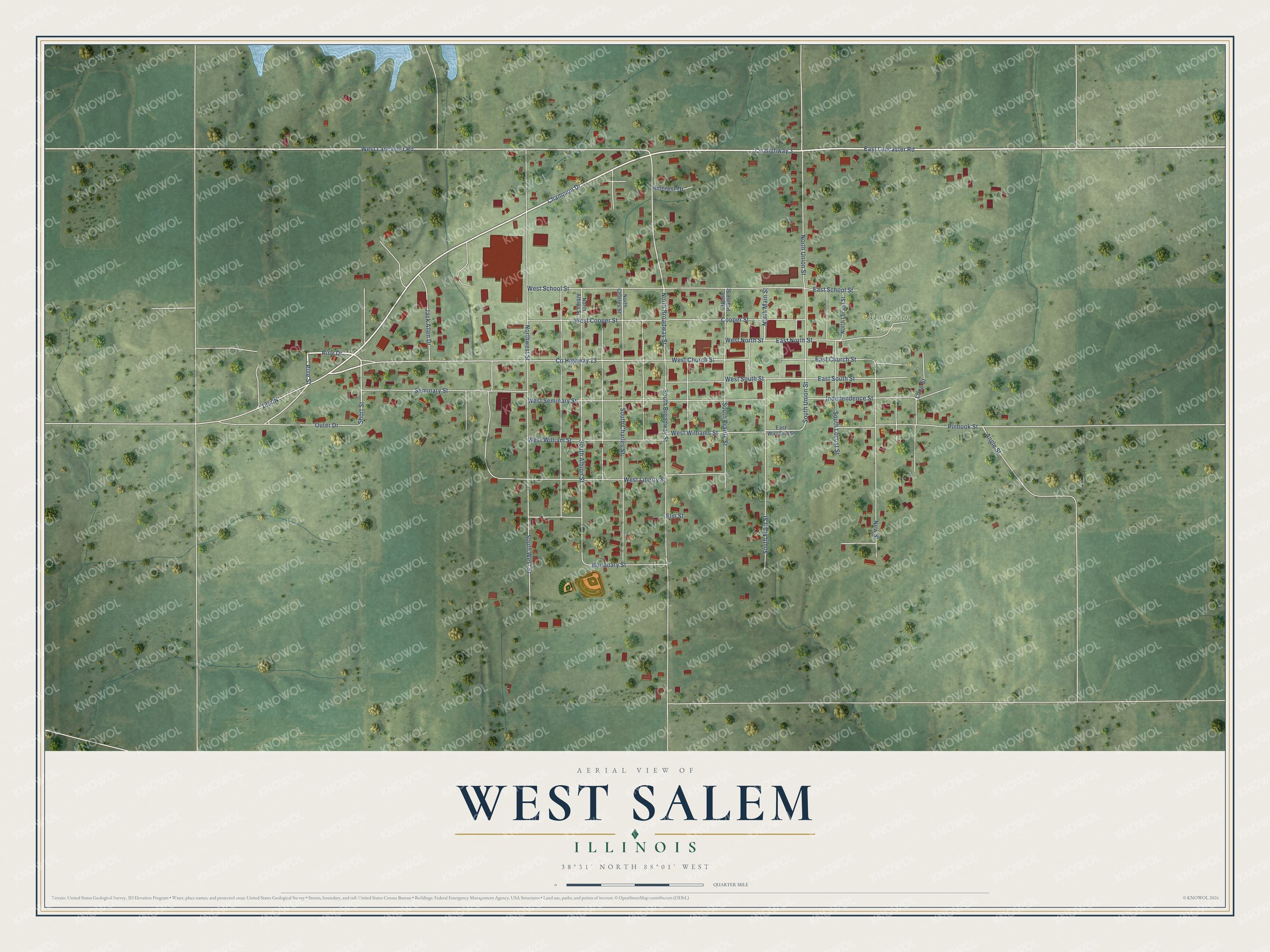 Full map of West Salem, Illinois, with red buildings, printed street names and the land around them