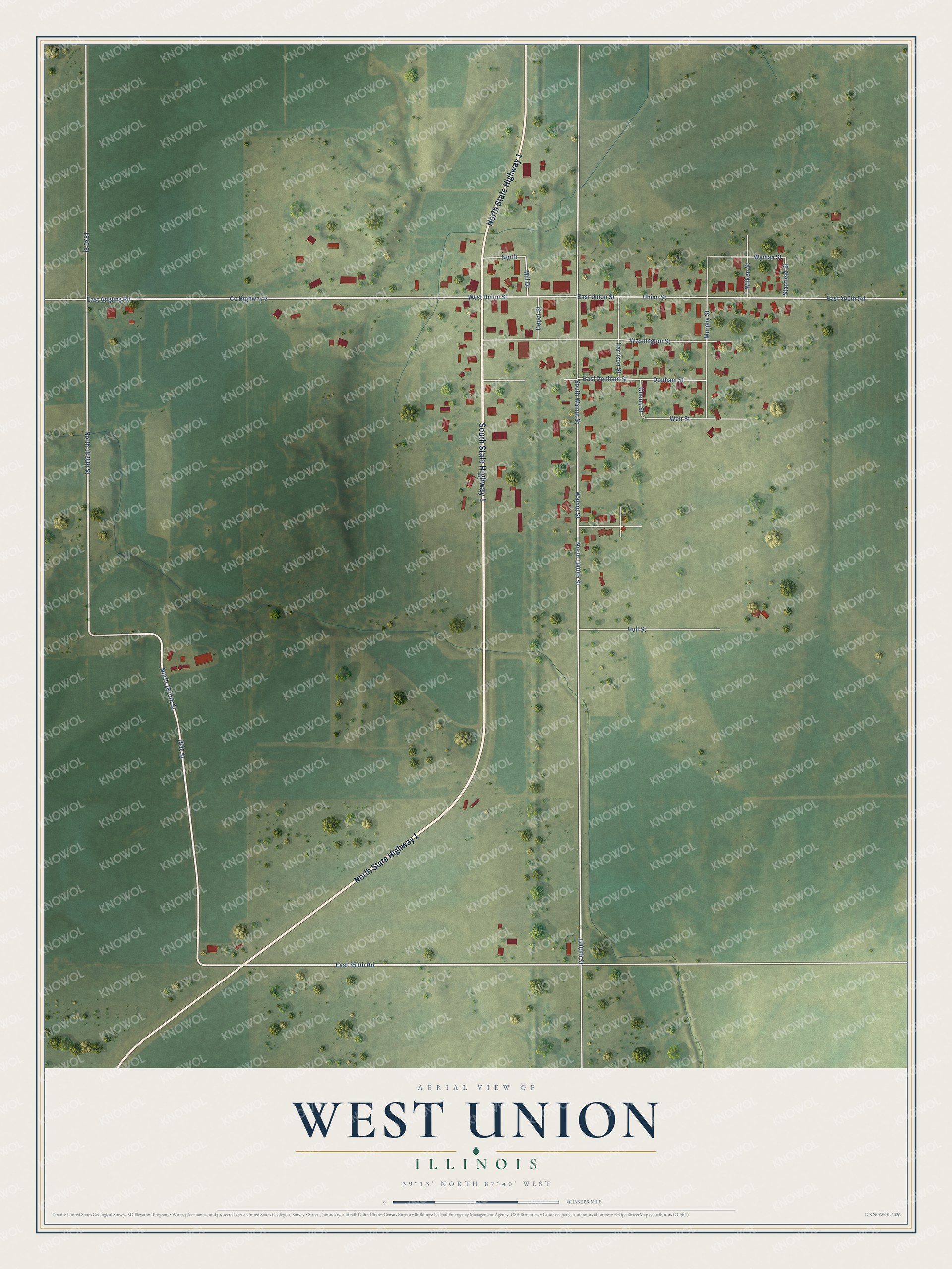 Full map of West Union, Illinois, with red buildings, printed street names and the land around them