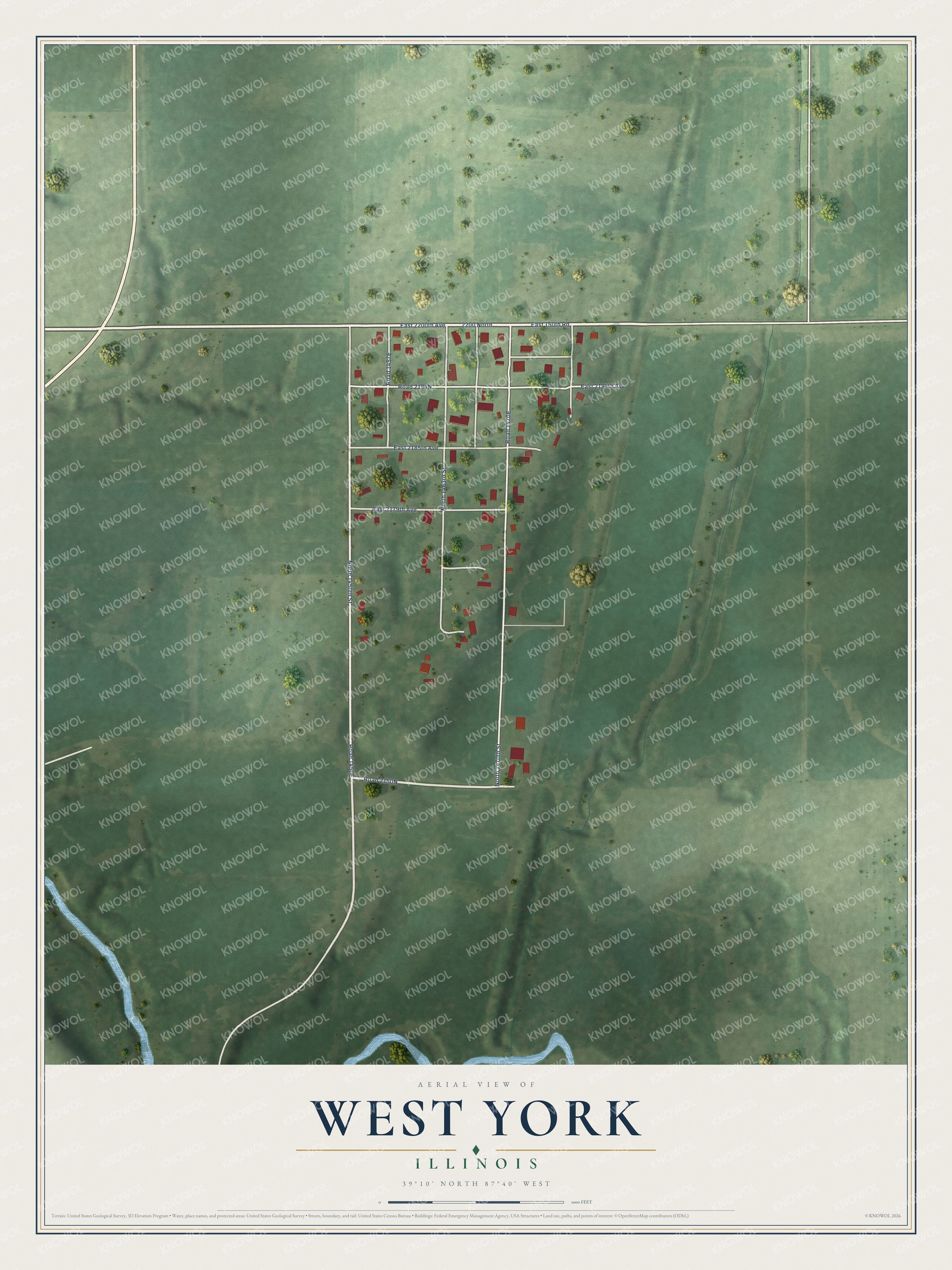 Full map of West York, Illinois, with red buildings, printed street names and the land around them