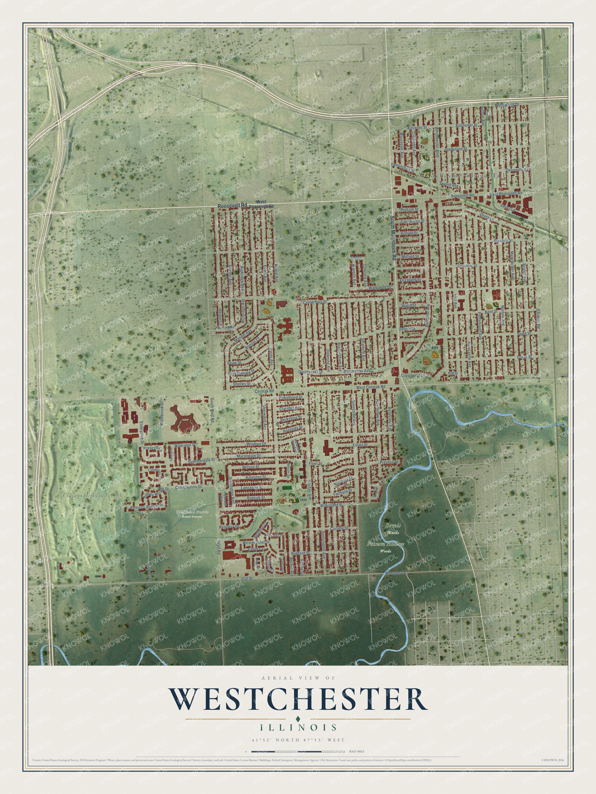 Full map of Westchester, Illinois, with red buildings, printed street names and the land around them